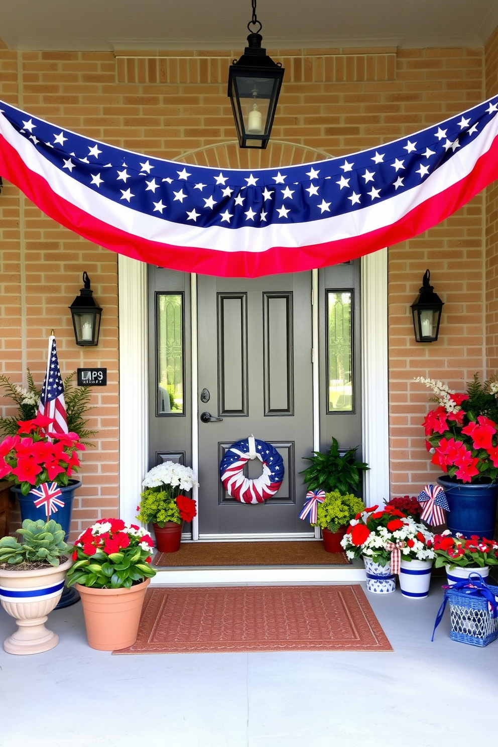 A patriotic flag banner stretches across the entryway, creating a welcoming atmosphere filled with national pride. The entryway is adorned with red, white, and blue decorations, including potted plants and festive wreaths to celebrate Memorial Day.