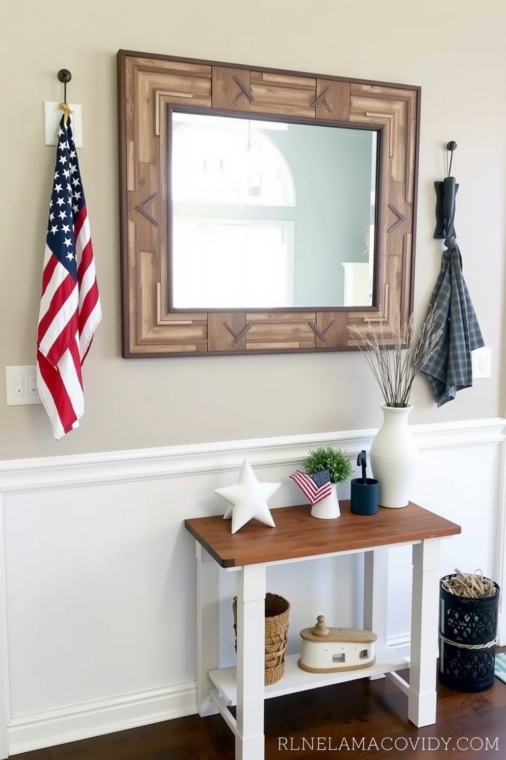 A vibrant entryway adorned with red white and blue curtains that billow softly in the breeze. The curtains frame a welcoming space featuring a rustic wooden bench and a small table decorated with patriotic accents.