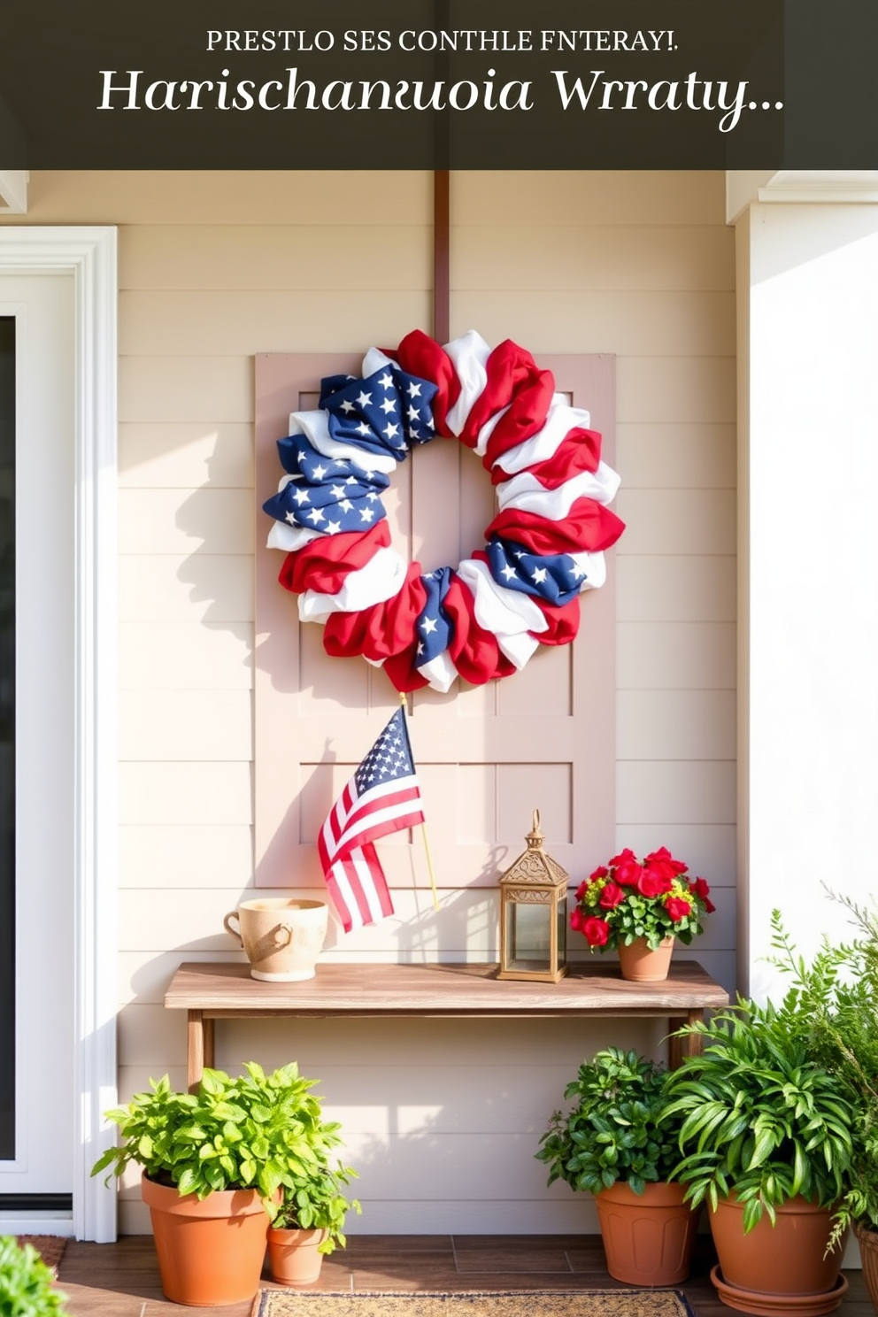 A beautiful entryway adorned with a wreath made of repurposed flags. The wreath is vibrant and colorful, showcasing a blend of red, white, and blue, creating a patriotic focal point for the space. Surrounding the entryway, there are potted plants that add a touch of greenery and warmth. A rustic console table beneath the wreath displays a small American flag and a decorative lantern, enhancing the Memorial Day theme.