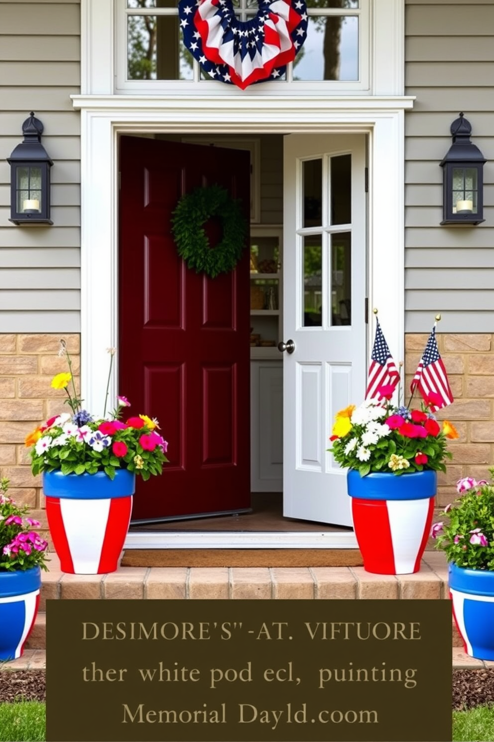 A vibrant entryway features red white and blue painted flower pots arranged symmetrically on either side of the door. The pots are filled with seasonal flowers in matching colors creating a festive atmosphere for Memorial Day celebrations.