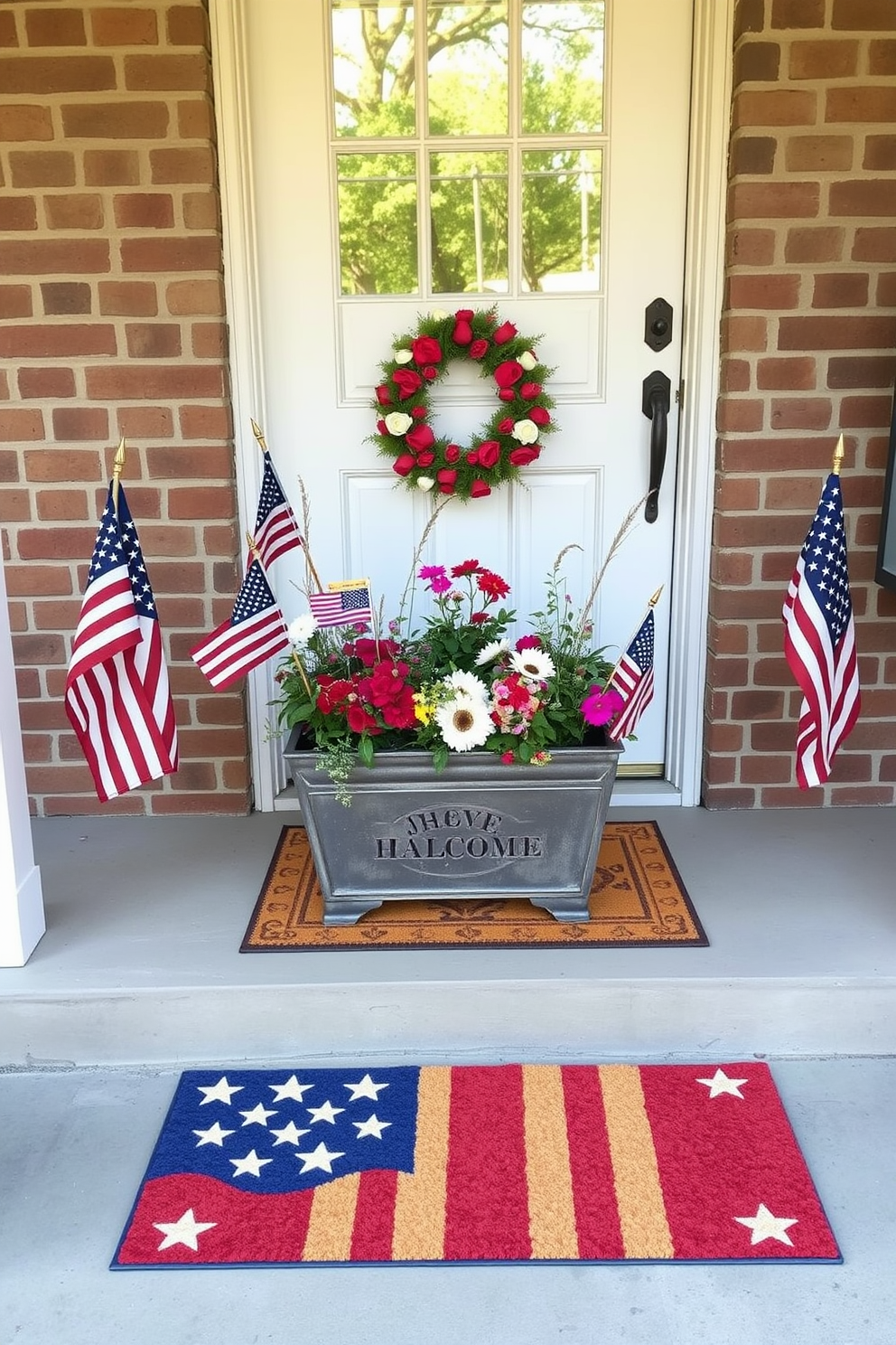 A patriotic themed doormat welcomes guests at the entrance, featuring vibrant red, white, and blue colors with stars and stripes. The entryway is adorned with tasteful decorations such as small American flags and seasonal flowers in a rustic planter.