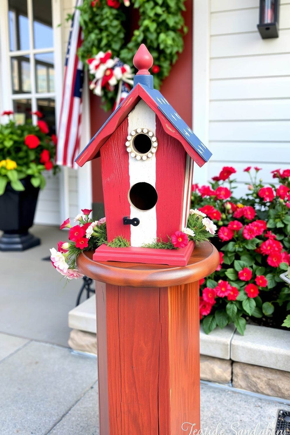 A decorative birdhouse is painted in vibrant flag colors, capturing the spirit of Memorial Day. It is placed on a rustic wooden pedestal surrounded by lush greenery and colorful flowers, creating a welcoming entryway.