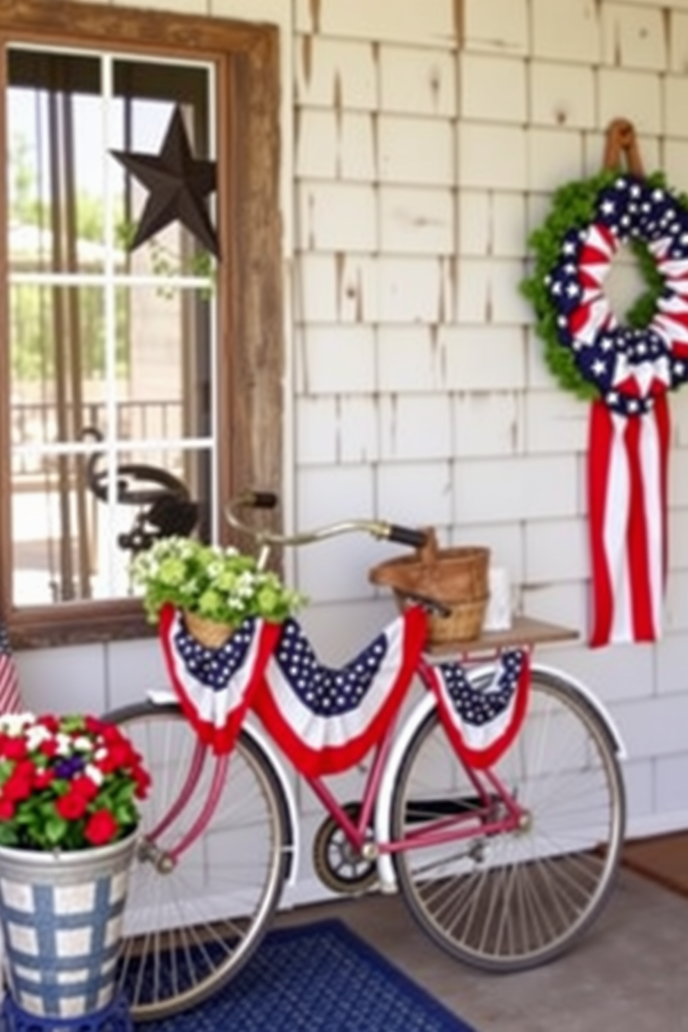 A welcoming entryway adorned with decorative bowls filled with red white and blue candies. The bowls are placed on a rustic wooden console table, complemented by a small American flag and a cheerful floral arrangement nearby.