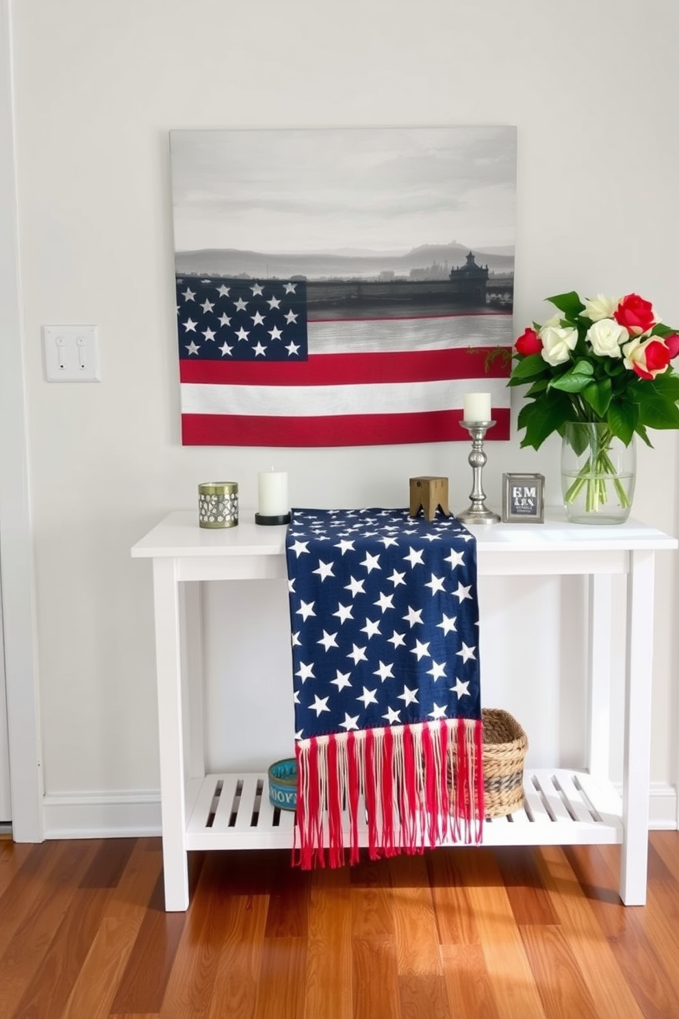 A stylish entryway features a console table adorned with a stars and stripes table runner. The runner adds a festive touch, complemented by small decorative items like candles and a vase of fresh flowers.