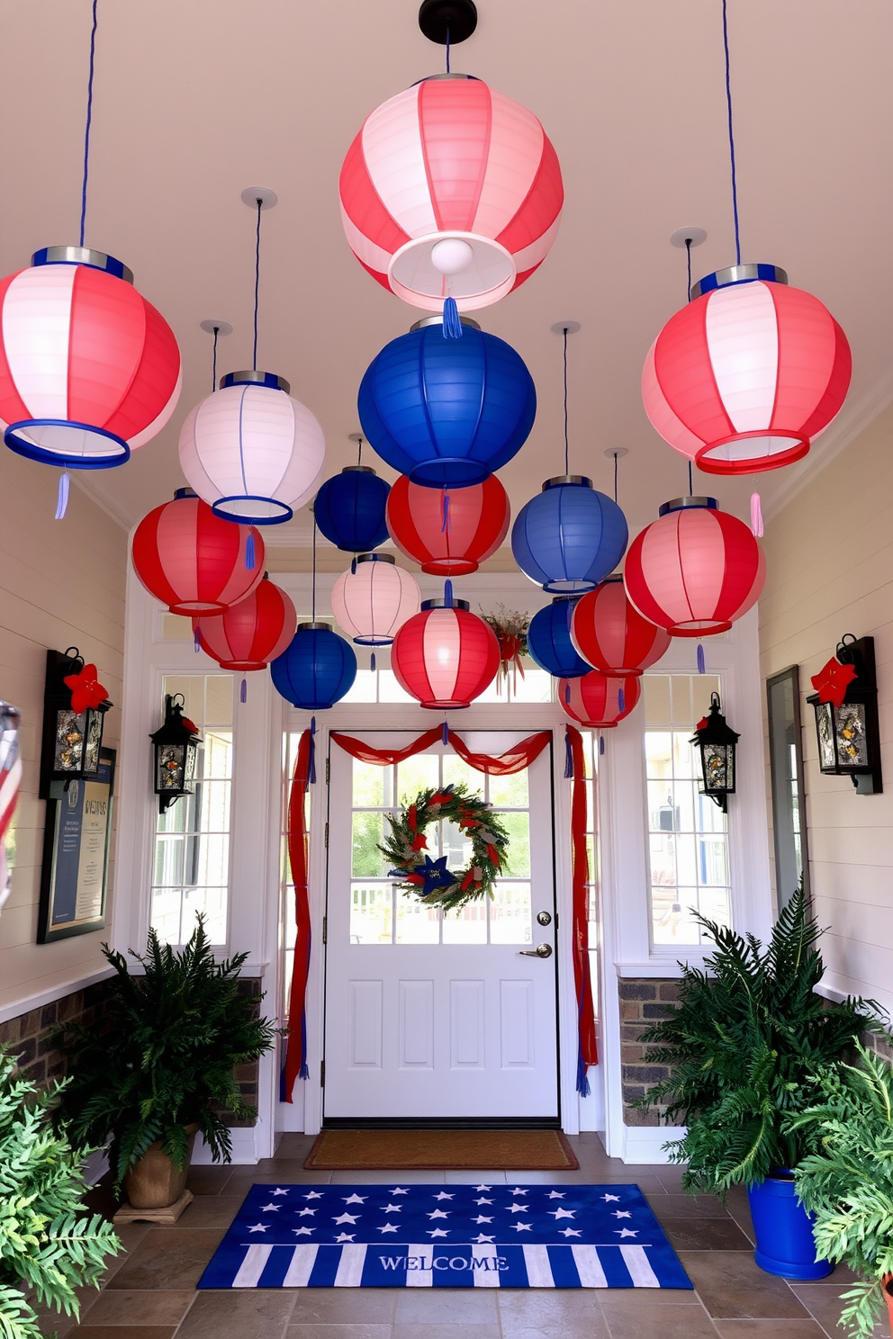 Hanging lanterns in red white and blue are suspended from the ceiling creating a festive atmosphere. The entryway features a welcoming mat adorned with stars and stripes leading into a beautifully decorated space.