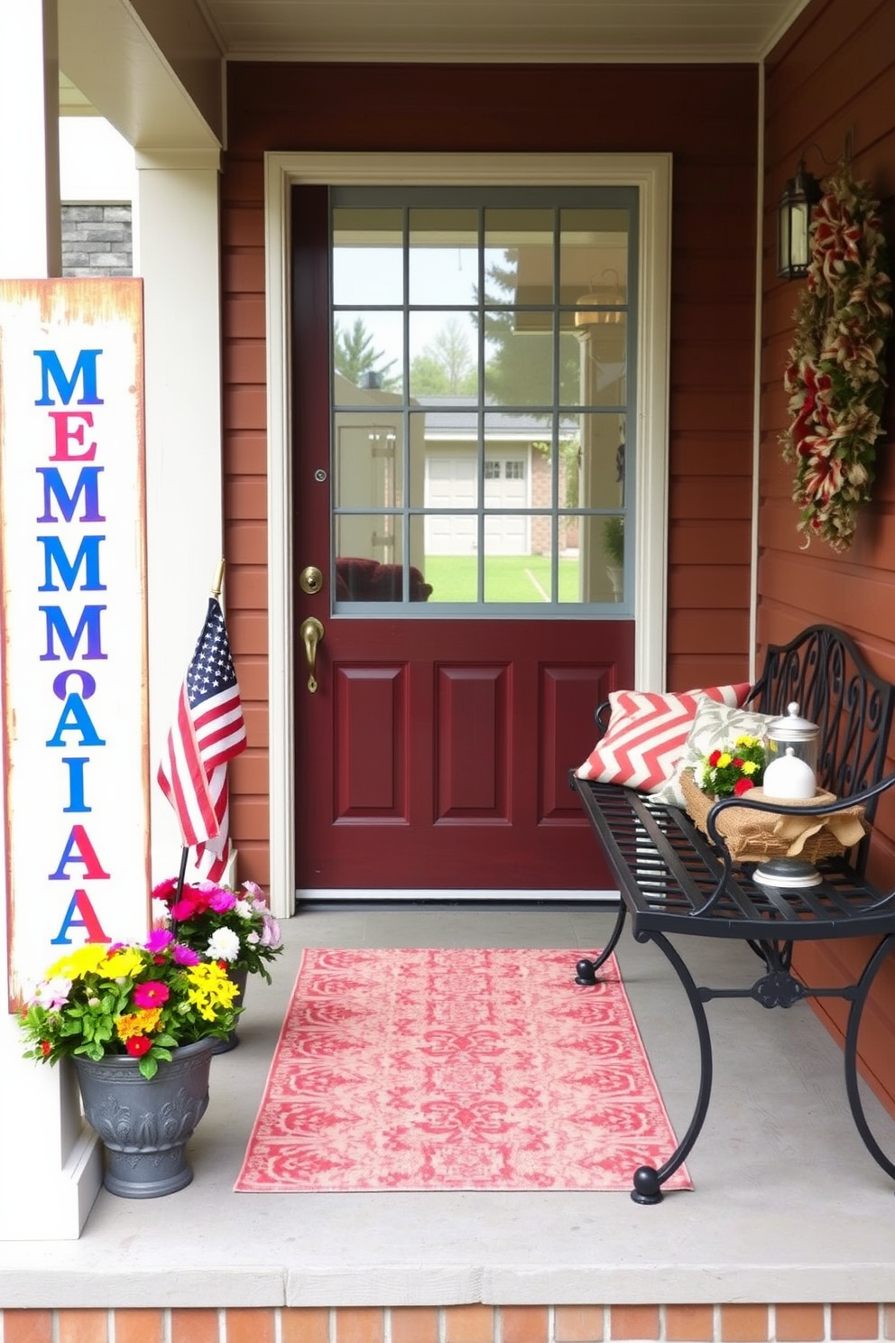 A charming porch adorned with a seasonal greeting sign for Memorial Day. The sign features patriotic colors and is surrounded by potted flowers and a small American flag. The entryway is warmly decorated with a welcoming atmosphere. A stylish bench sits against the wall, complemented by a decorative wreath and a small table displaying seasonal decor.