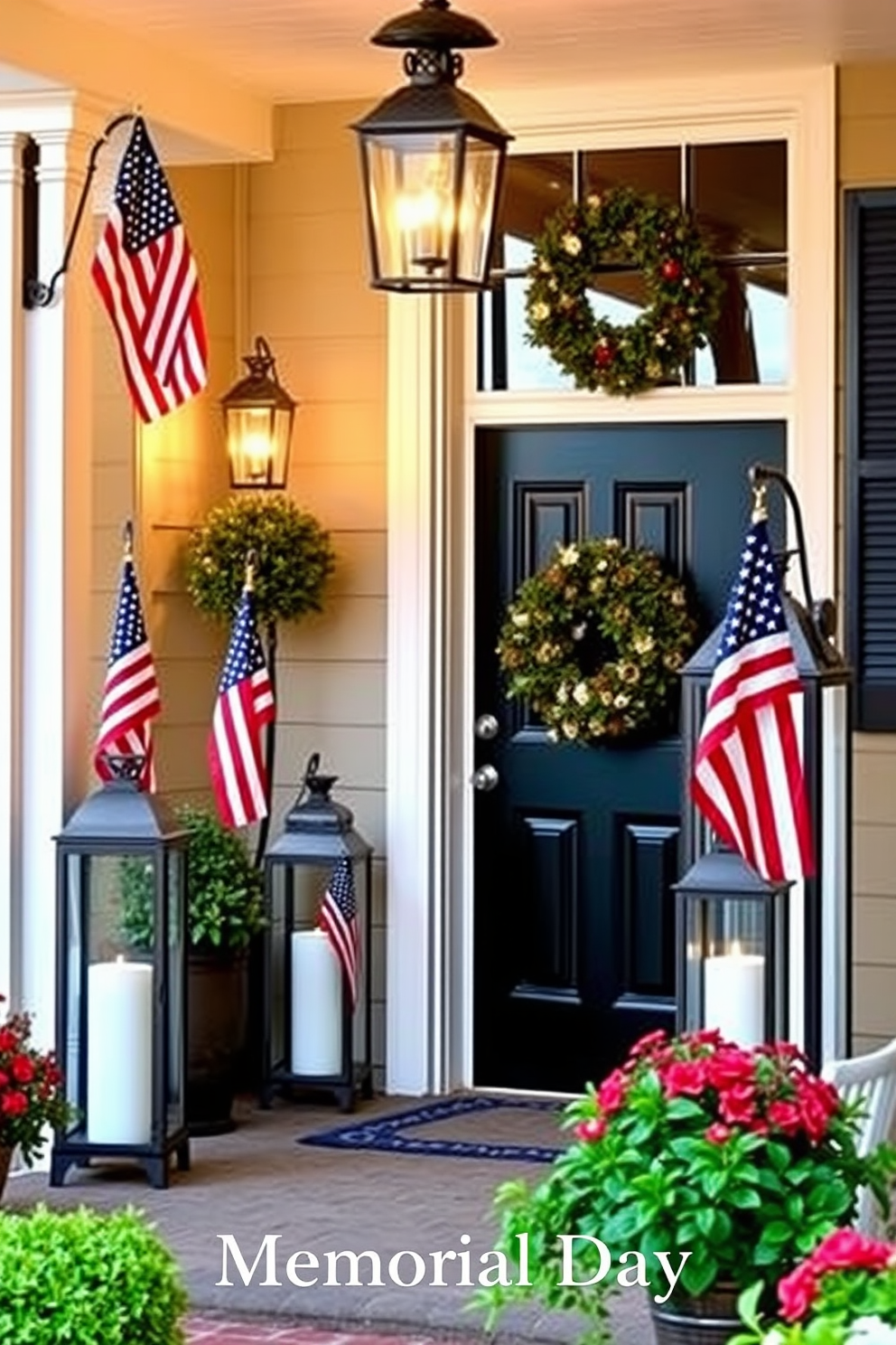 Create a welcoming entryway that celebrates Memorial Day with a patriotic theme. Incorporate stars and stripes throw pillows on a stylish bench, adding a touch of red, white, and blue to the space. Enhance the decor with a tasteful arrangement of seasonal flowers in a rustic vase. Use a subtle backdrop of neutral tones to let the vibrant colors of the pillows and flowers stand out.