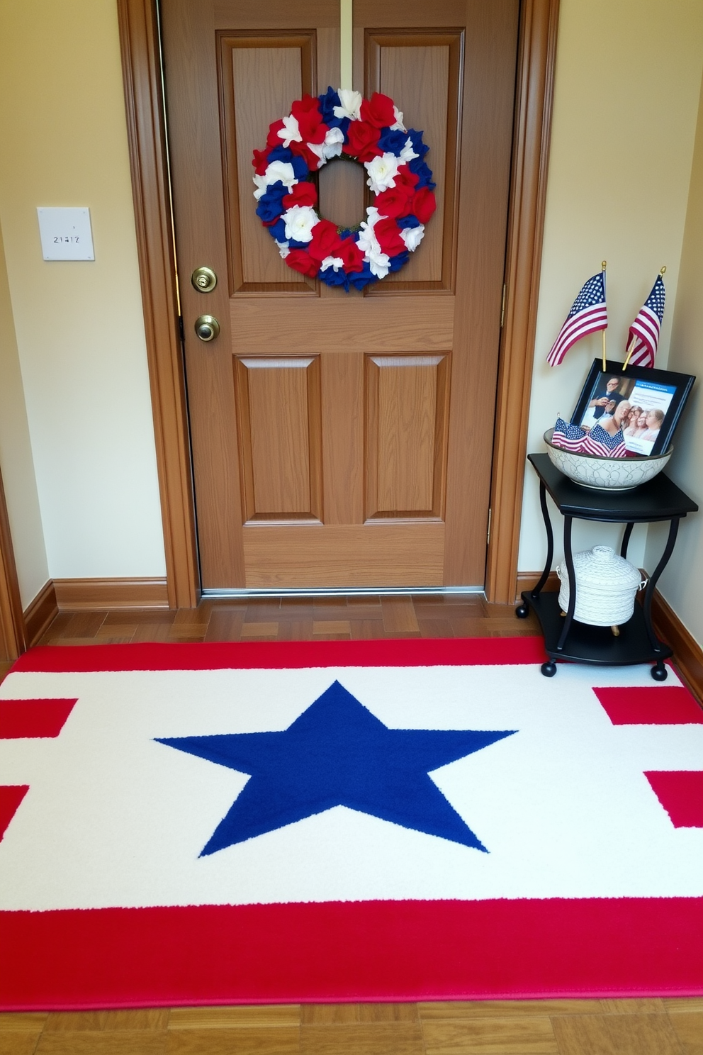 A patriotic themed entryway rug features bold red and white stripes with a large blue star in the center. The rug is placed in front of a wooden door adorned with a wreath made of red, white, and blue flowers for a festive touch. The walls of the entryway are painted in a soft beige color, creating a warm and inviting atmosphere. A small console table beside the door holds a decorative bowl filled with miniature American flags and a framed photo of a past Memorial Day celebration.