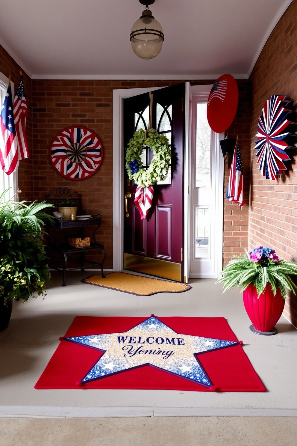 A star shaped welcome mat greets visitors at the entrance creating a festive atmosphere. The entryway is adorned with red white and blue accents including a wreath on the door and patriotic themed decorations on the walls.