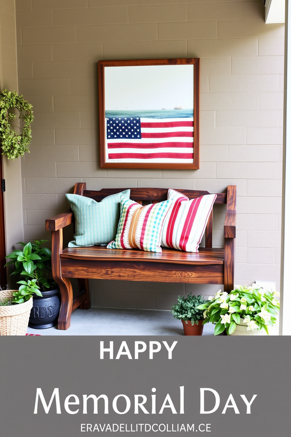 A welcoming entryway adorned with faux flowers in patriotic colors to celebrate Memorial Day. The arrangement features vibrant red, white, and blue blooms in a rustic wooden planter placed on a console table. Flanking the table are two decorative lanterns with soft, warm lighting that enhances the festive atmosphere. A woven rug in neutral tones lies beneath, adding texture and warmth to the space.