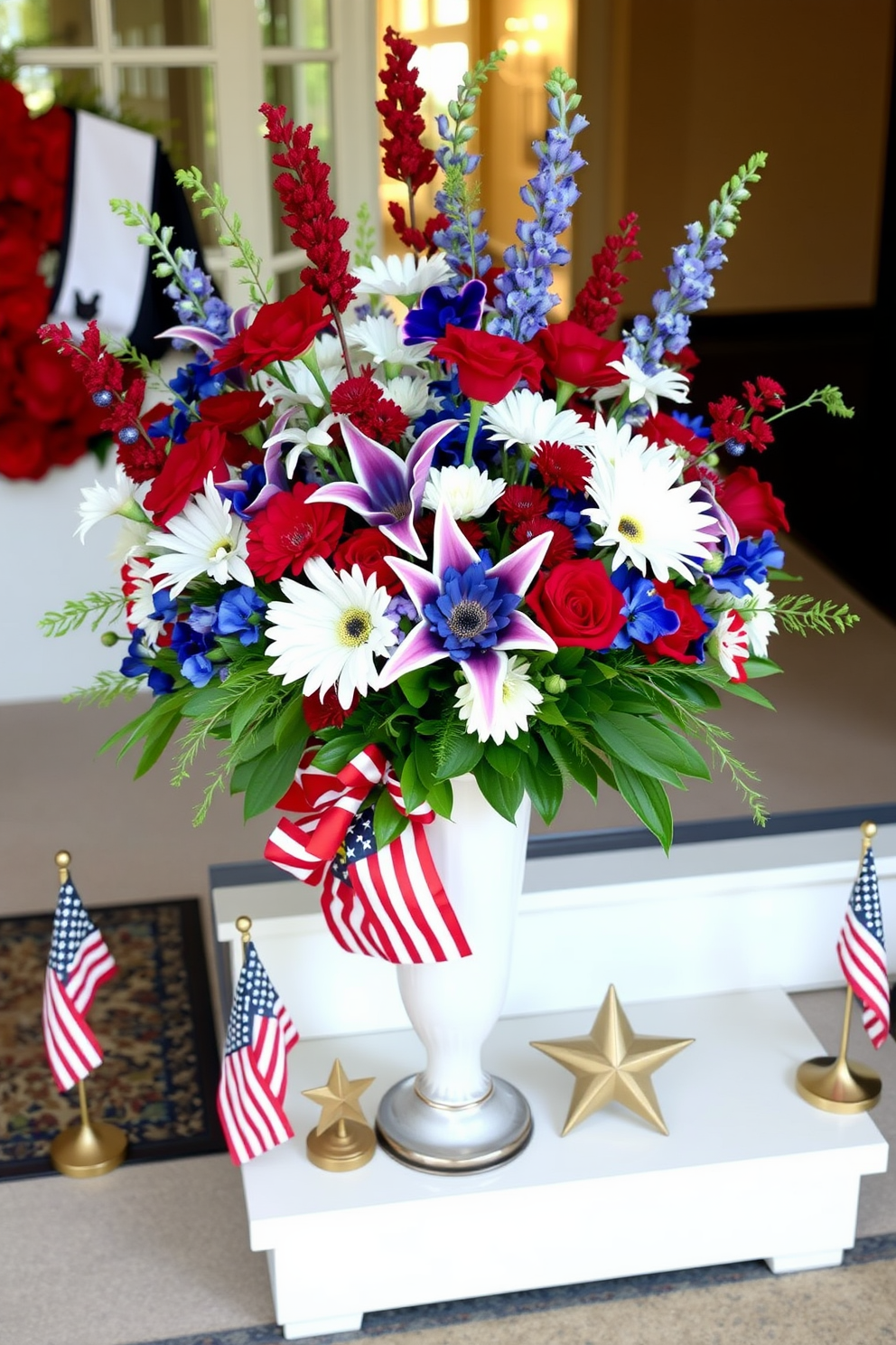 A vibrant floral arrangement in red, white, and blue sits prominently in a stylish vase at the entryway. Surrounding the flowers are decorative elements like small American flags and star-shaped accents that evoke a festive Memorial Day spirit.