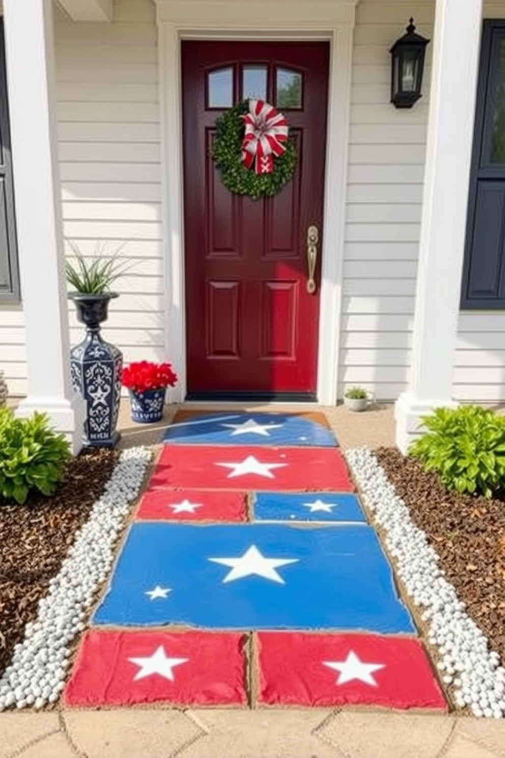 A charming entryway featuring DIY painted flagstones leading up to the front door. The path is adorned with red white and blue designs in honor of Memorial Day creating a festive and welcoming atmosphere.