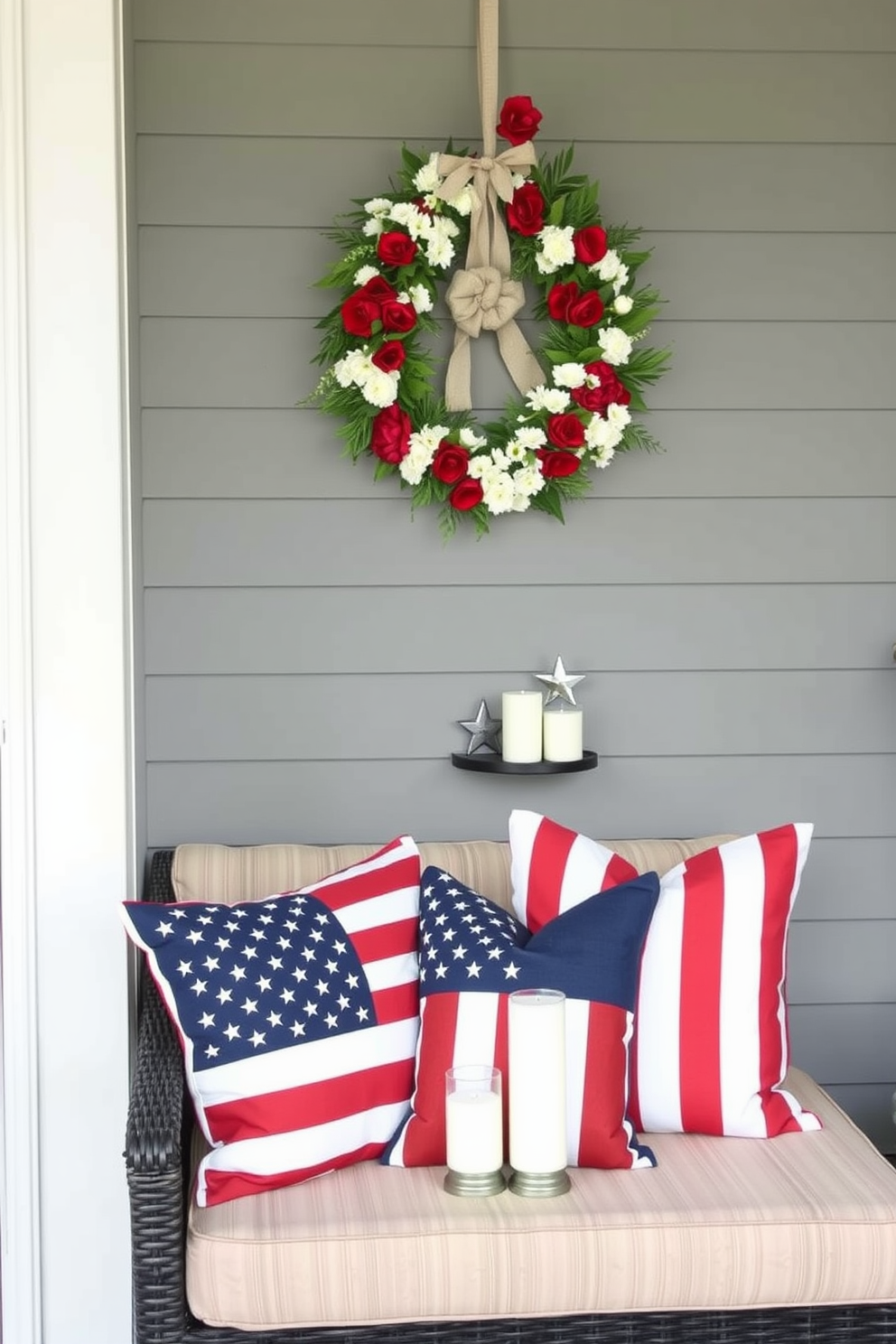 American flag pillows are arranged on a comfortable seating area, adding a festive touch to the space. The pillows feature vibrant red, white, and blue colors, creating a patriotic atmosphere for Memorial Day celebrations. The entryway is adorned with seasonal decorations, including a tasteful wreath made of red and white flowers. A small table displays a collection of candles and stars, enhancing the welcoming vibe for guests.