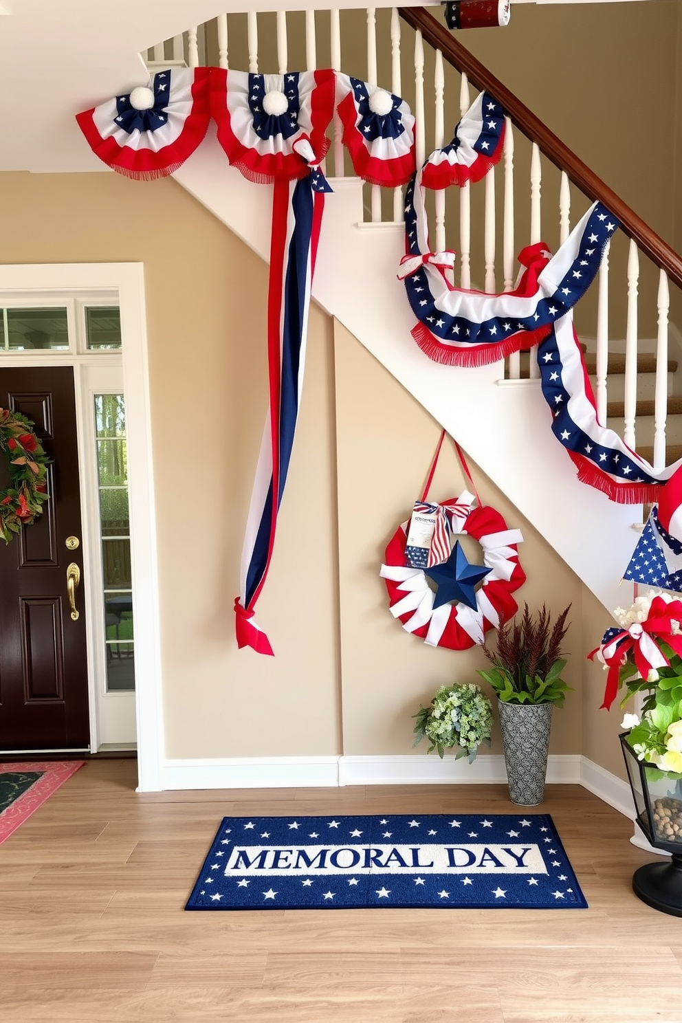 A Memorial Day themed table centerpiece featuring a rustic wooden table adorned with a red white and blue table runner. The centerpiece includes a large glass vase filled with fresh white daisies and blue hydrangeas surrounded by small American flags and candles. For Memorial Day entryway decorating ideas create a welcoming entrance with a patriotic wreath made of red white and blue flowers. Flanking the door are two potted plants with vibrant blooms and a welcome mat that displays a festive message.