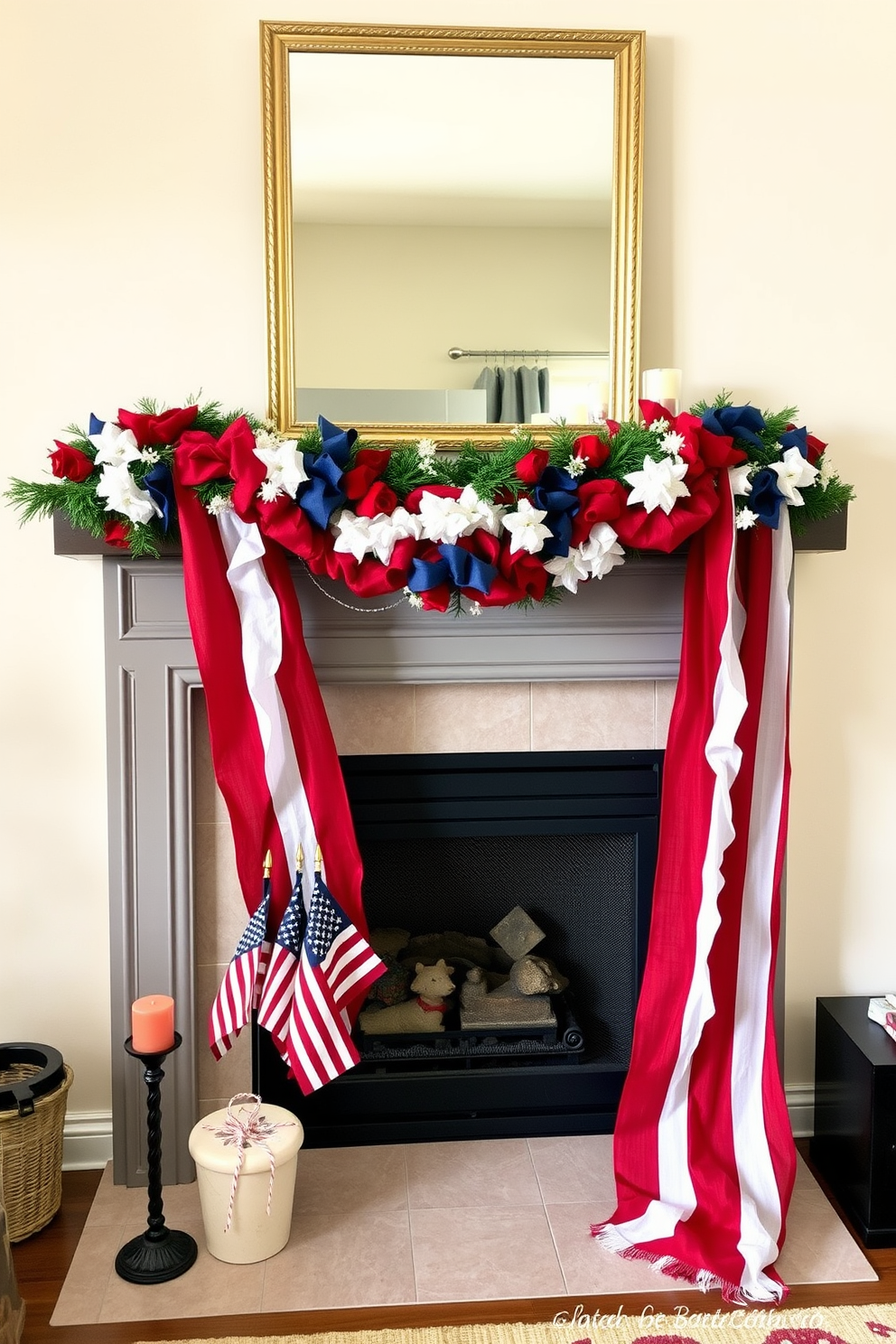 A festive fireplace adorned with a red white and blue garland draped elegantly across the mantel. The garland features vibrant flowers and ribbons, creating a patriotic ambiance perfect for Memorial Day celebrations.