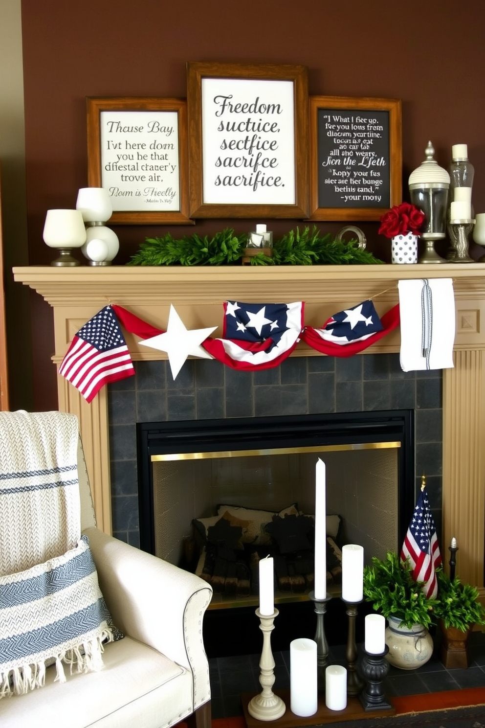 A cozy living room setting featuring a fireplace adorned with seasonal decorations for Memorial Day. Above the mantel, framed quotes about freedom and sacrifice are displayed, each in a rustic wooden frame, adding a touch of warmth and inspiration. The fireplace itself is surrounded by a tasteful arrangement of red white and blue accents, including a woven throw blanket draped over a nearby chair. On the hearth, a collection of candles in varying heights creates a serene ambiance, perfect for honoring the day.