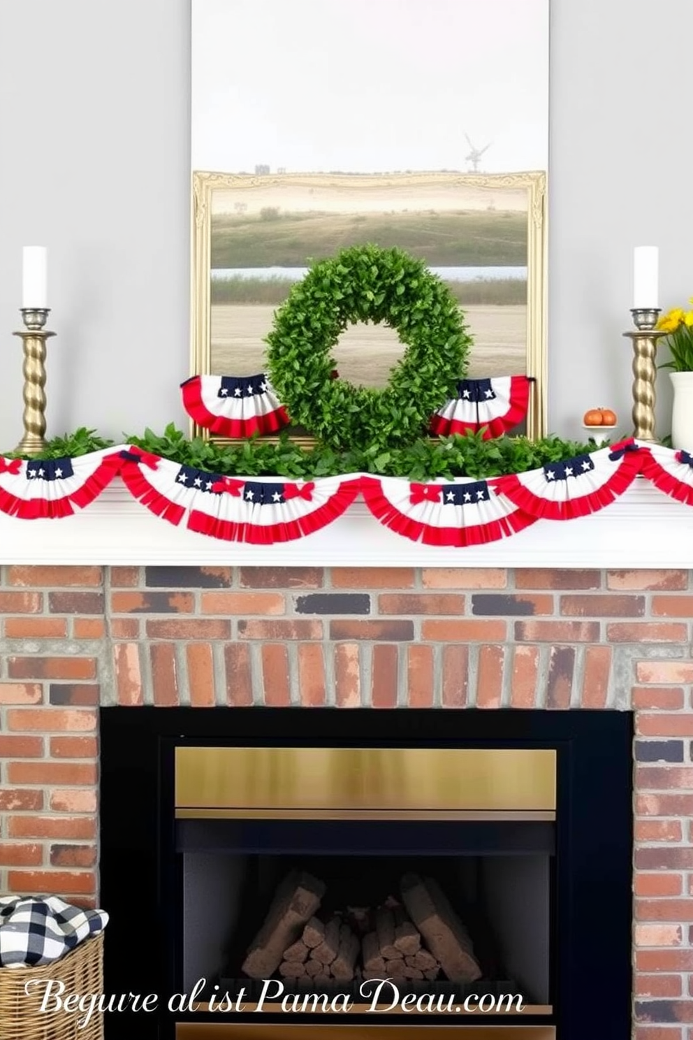 Create a festive fireplace setting decorated for Memorial Day. Adorn the mantel with vibrant red white and blue bunting, draping it elegantly across the top.