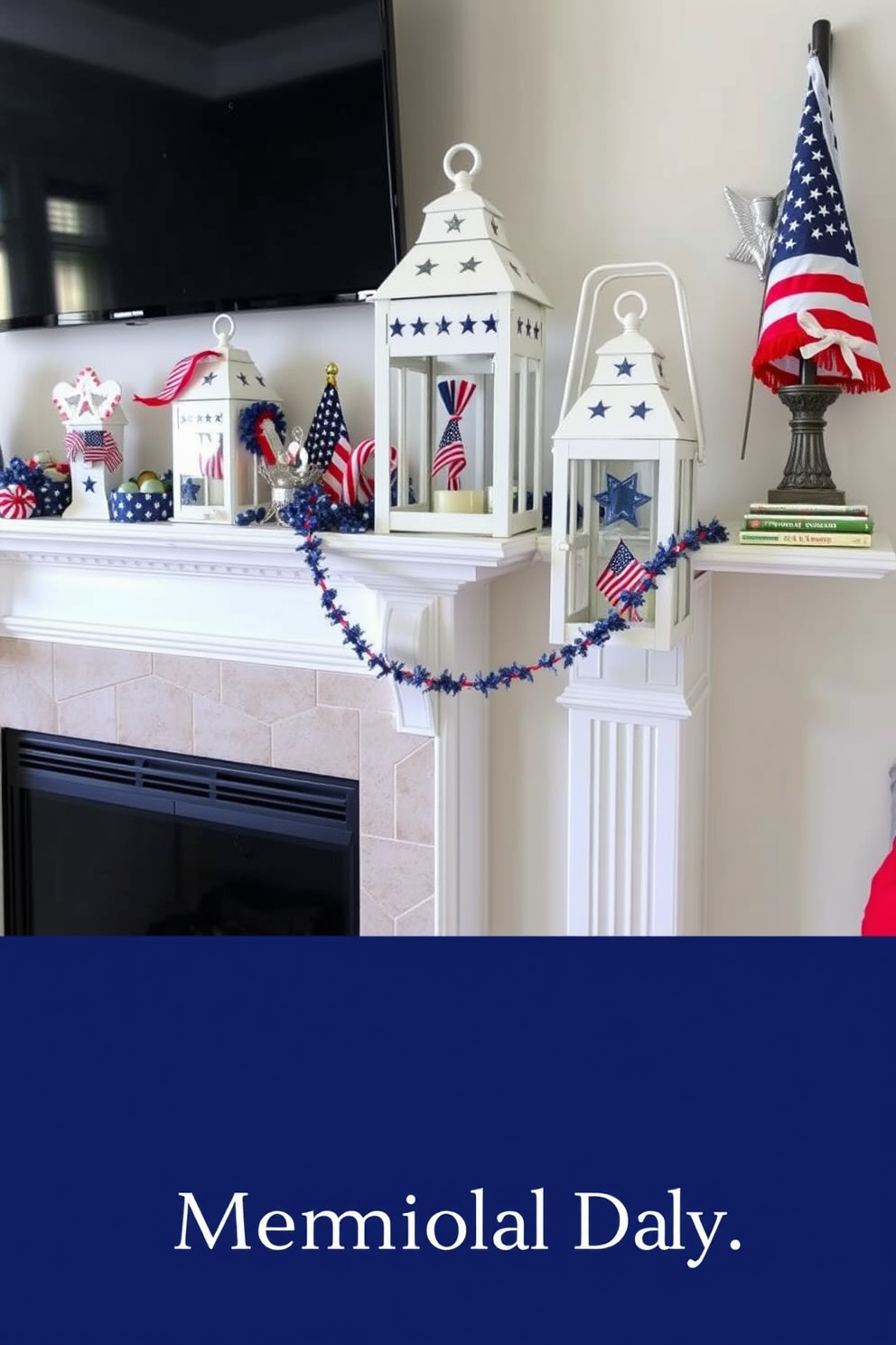 A cozy living room setting featuring a fireplace adorned with decorative lanterns that showcase patriotic accents. The lanterns are placed on the mantel, surrounded by red white and blue themed decor, creating a festive atmosphere for Memorial Day.