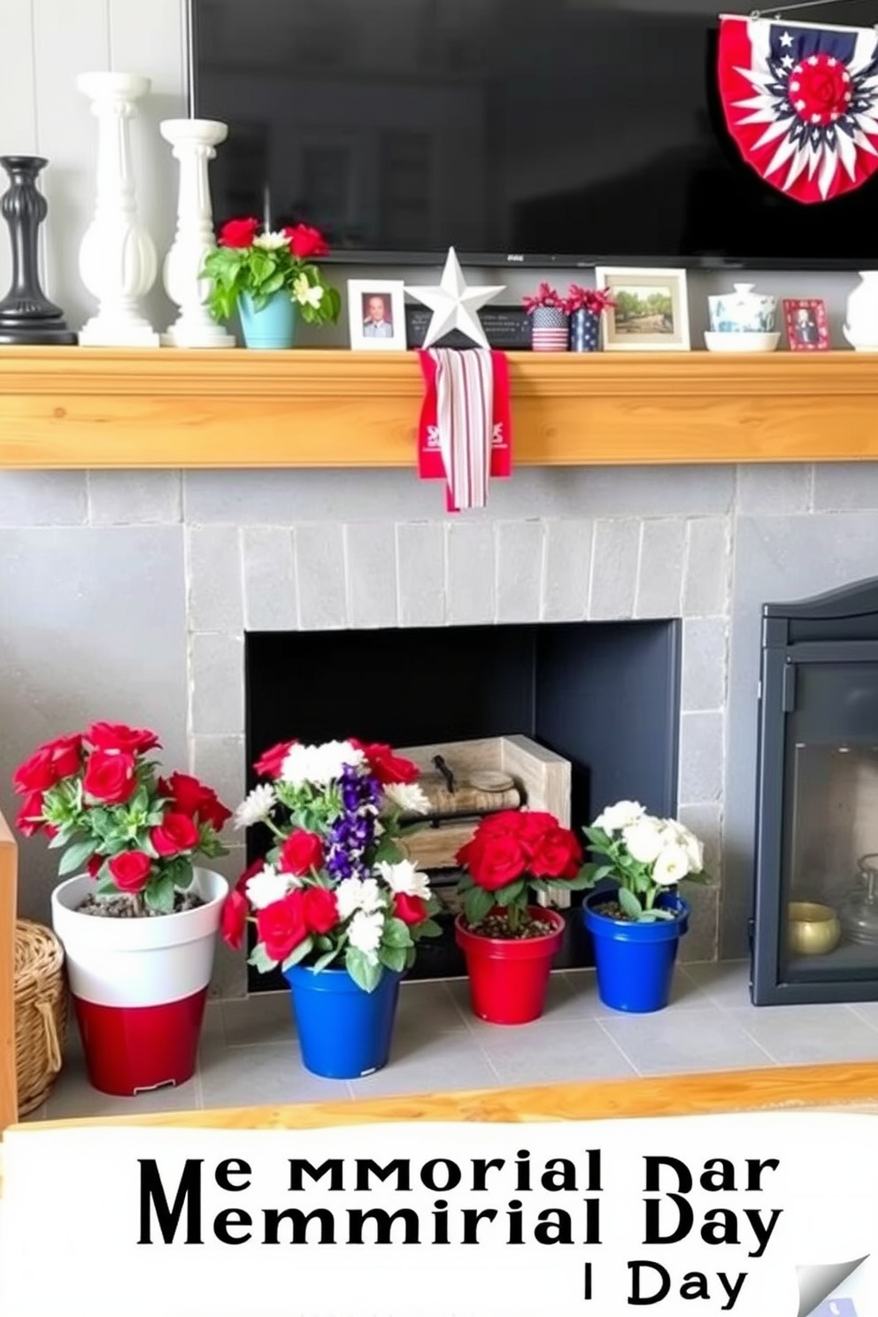 A cozy living room setting featuring a fireplace adorned with potted flowers in red, white, and blue pots. The mantel is decorated with patriotic-themed accessories, creating a festive atmosphere for Memorial Day celebrations.