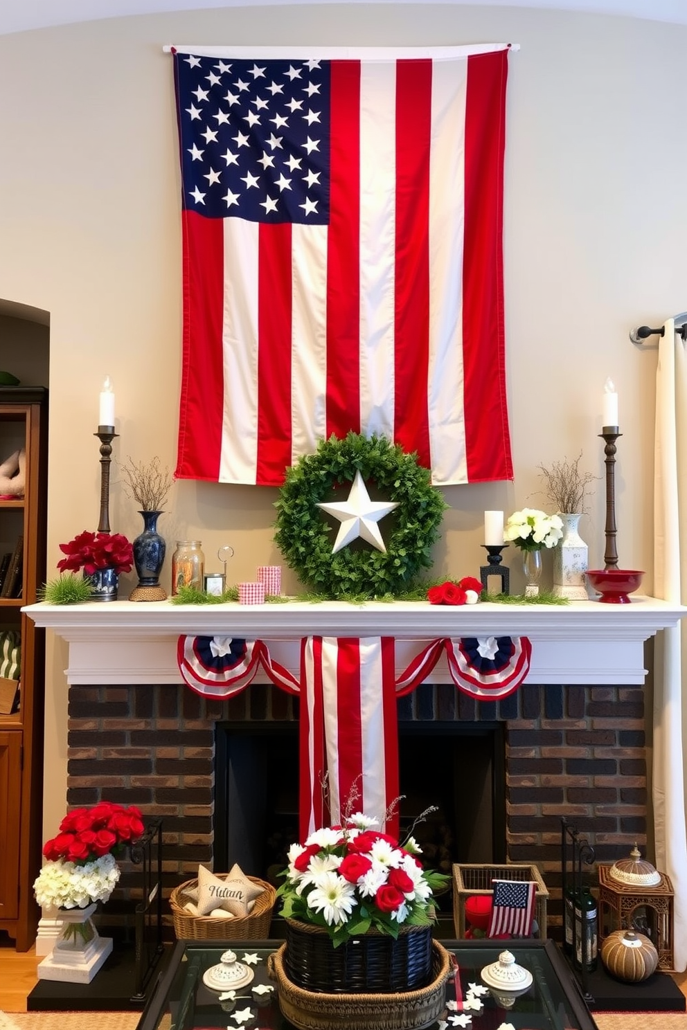 A large flag draped over the mantel creates a patriotic focal point in the living room. The fireplace is adorned with seasonal decorations that complement the flag, including red white and blue accents and fresh flowers.