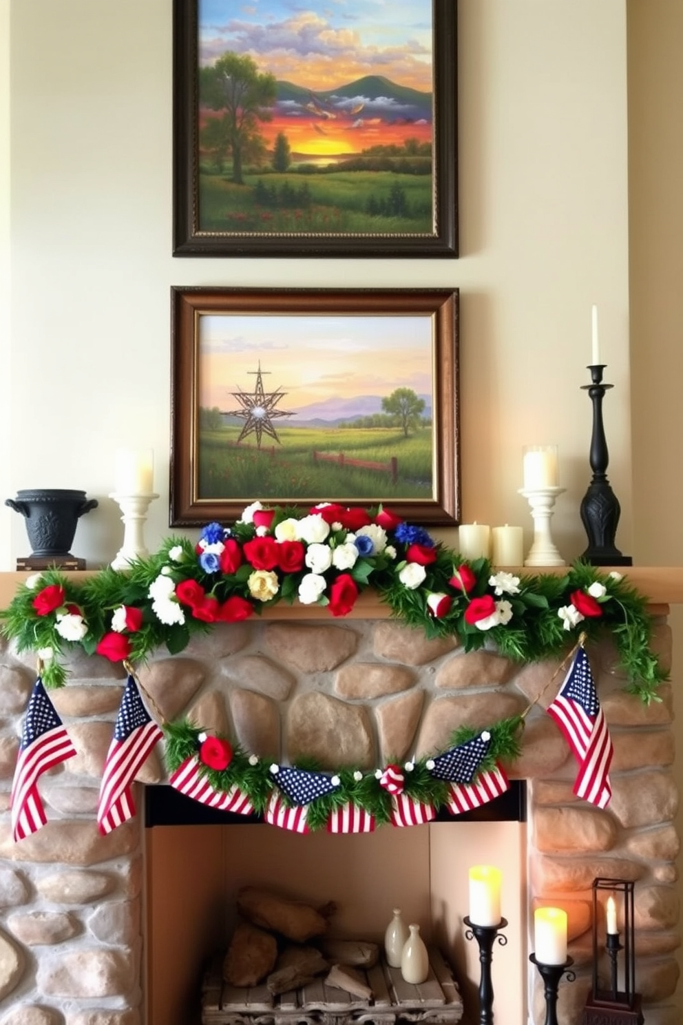 Seasonal artwork featuring American landscapes is beautifully displayed above a rustic stone fireplace. The artwork captures the essence of Memorial Day with vibrant colors and patriotic themes, enhancing the cozy atmosphere of the room. Decorating ideas for the fireplace include a garland of red white and blue flowers draped along the mantel. A collection of candles in varying heights adds warmth and elegance while small American flags are strategically placed to celebrate the holiday.