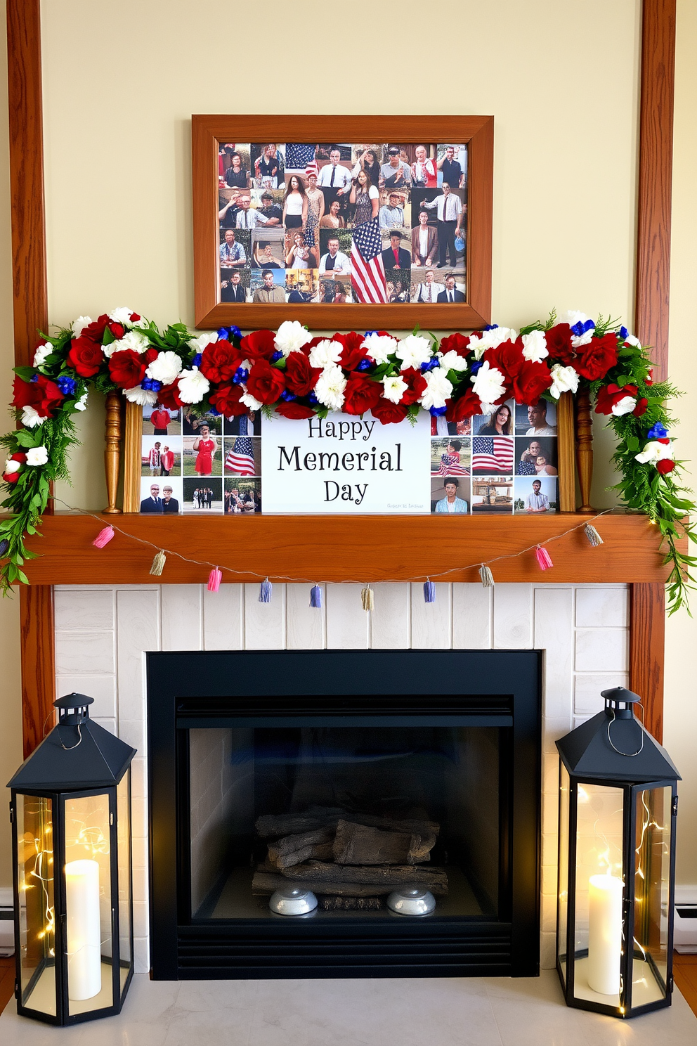 A vibrant photo collage celebrating Memorial Day features a mix of red white and blue images arranged artfully around a central patriotic theme. The collage is framed by a rustic wooden border that complements the warm tones of the fireplace, enhancing the festive atmosphere. Above the fireplace, a garland of red white and blue flowers is draped elegantly, adding a touch of nature to the decor. Flanking the fireplace are two decorative lanterns filled with fairy lights, creating a cozy and inviting ambiance for the holiday.