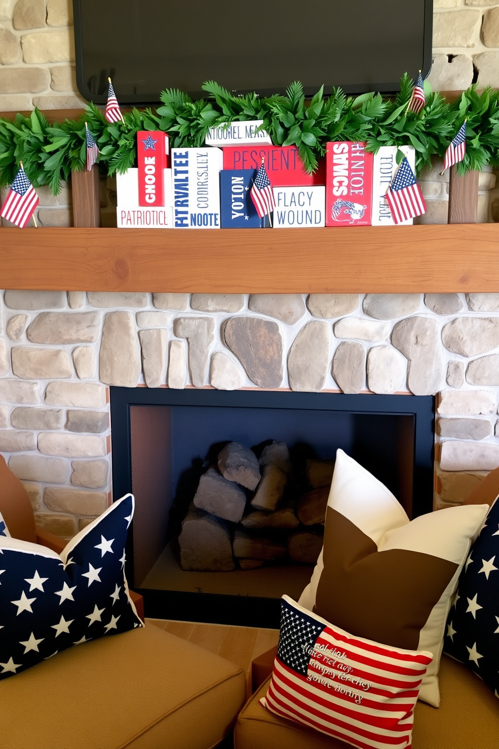 Wooden blocks painted with patriotic messages in red white and blue are arranged on a rustic wooden mantel. The fireplace is adorned with a garland of greenery and small American flags creating a festive atmosphere for Memorial Day. Cozy seating is positioned around the fireplace inviting guests to gather and enjoy the warmth. Decorative pillows with stars and stripes add a touch of comfort and style to the seating area.