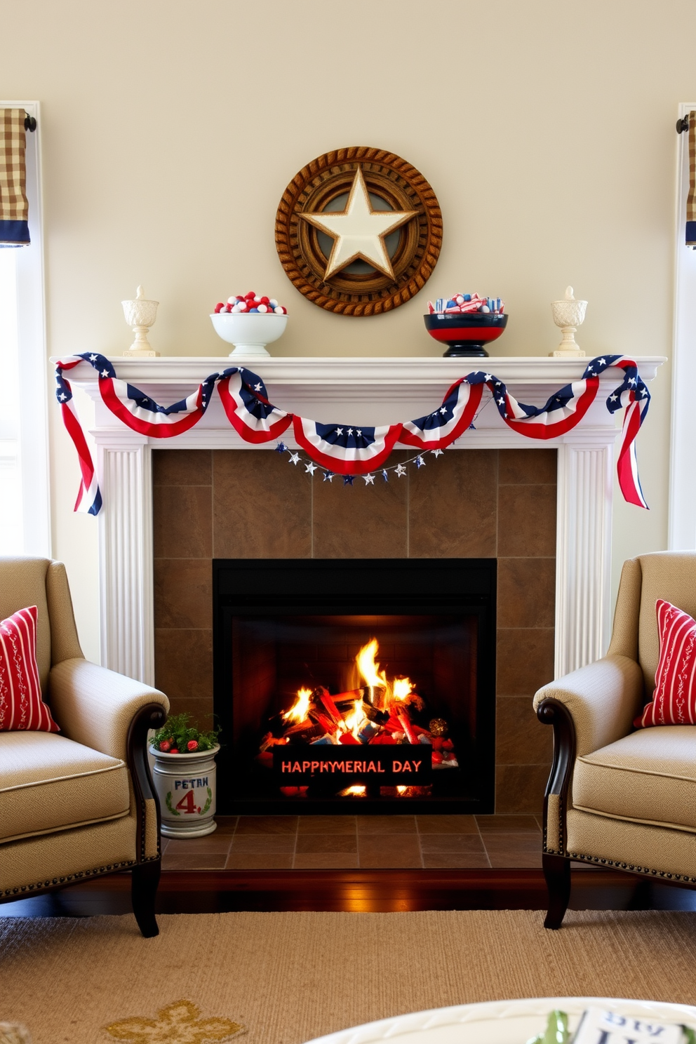 A cozy living room setting adorned with a beautifully designed fireplace. The fireplace is decorated with decorative bowls filled with red white and blue candies to celebrate Memorial Day. The mantle is draped with a festive garland featuring stars and stripes. Flanking the fireplace are two elegant armchairs upholstered in soft fabric, creating a welcoming atmosphere.