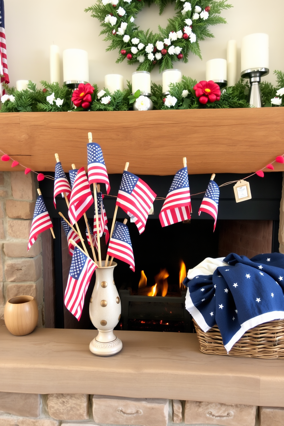 Miniature American flags are arranged in decorative vases, creating a festive and patriotic atmosphere for Memorial Day. The vases are placed on a rustic wooden mantel, enhancing the cozy feel of the fireplace. The fireplace is adorned with seasonal decorations, including red white and blue garlands and candles in varying heights. A woven basket filled with blankets sits nearby, inviting guests to gather around and enjoy the warmth of the fire.