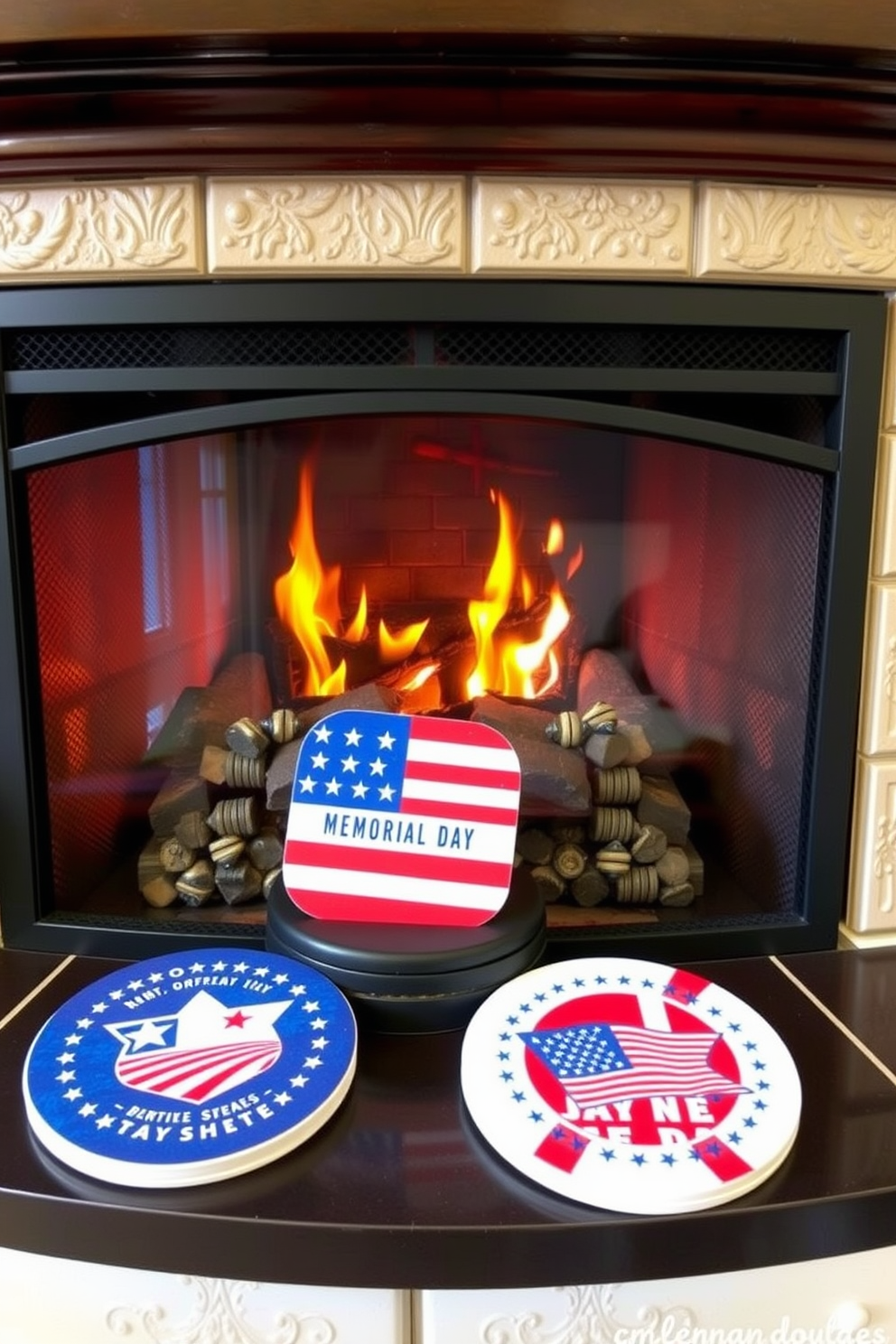 A cozy fireplace adorned with patriotic themed coasters resting on the mantel. The coasters feature vibrant red white and blue designs celebrating Memorial Day with stars and stripes.