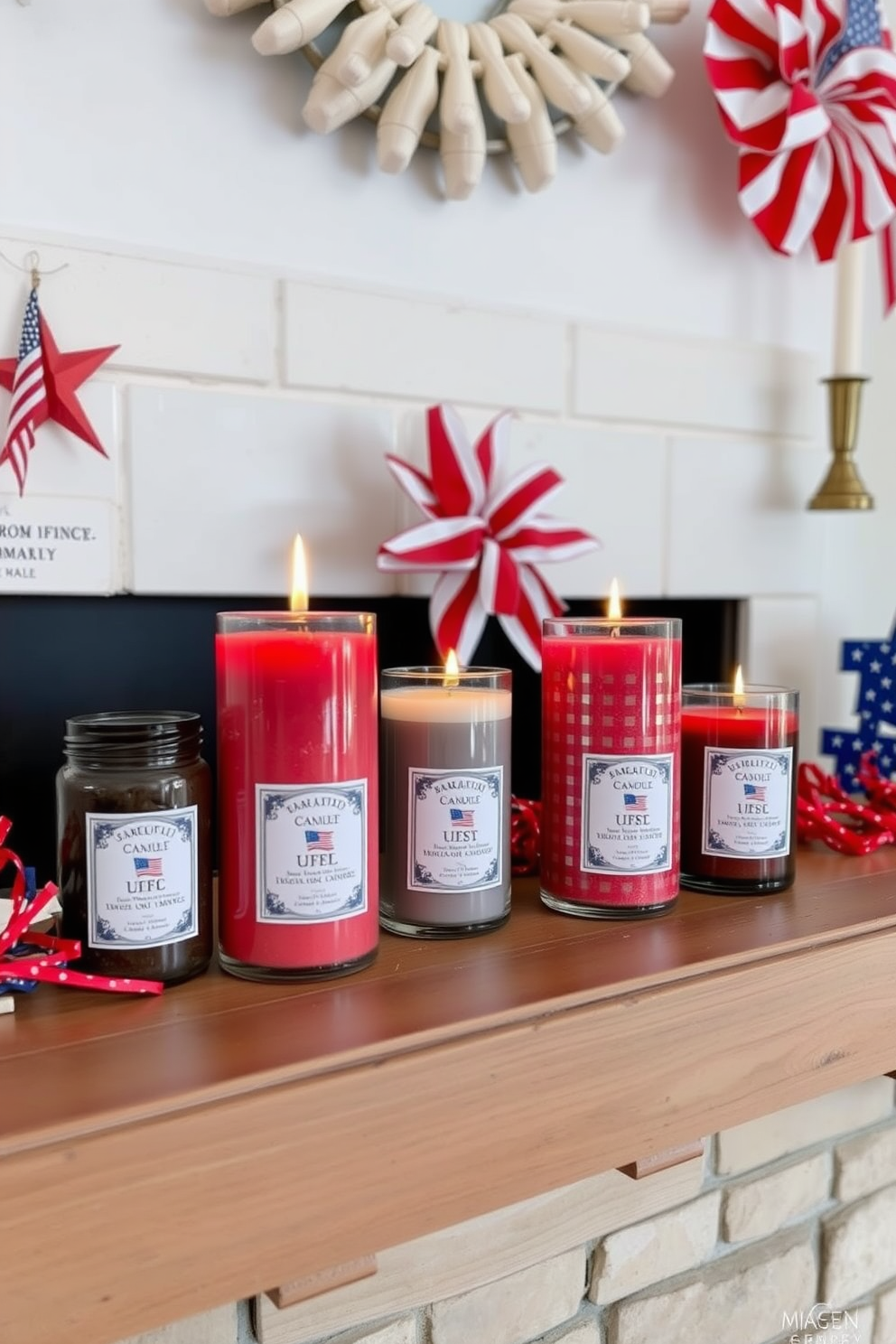 Seasonal scented candles with patriotic labels are arranged on a rustic wooden mantel. The fireplace is adorned with red white and blue decorations creating a festive atmosphere for Memorial Day.