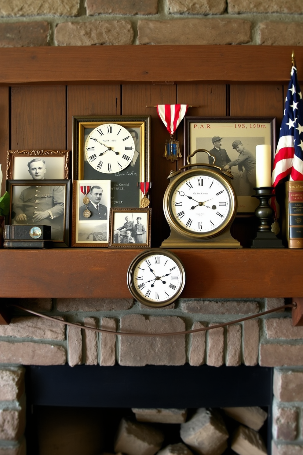 A rustic mantel adorned with old military memorabilia creates a poignant tribute for Memorial Day. Vintage photographs, medals, and a folded flag are artfully arranged alongside a classic clock and a set of antique books.