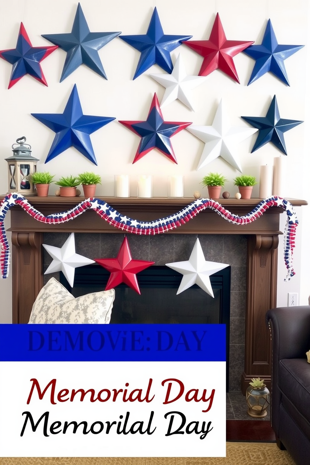 A cozy living room setting featuring a fireplace adorned with ceramic stars painted in red, white, and blue. The mantel is decorated with small potted plants and candles, creating a warm and inviting atmosphere for Memorial Day celebrations.