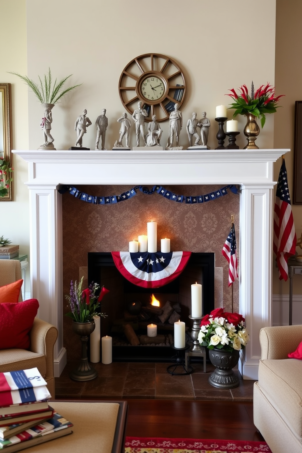 Create a cozy living room setting that honors Memorial Day with a tasteful display of miniature sculptures of soldiers arranged on a mantel. The fireplace is elegantly decorated with patriotic colors, featuring red, white, and blue accents, along with candles and seasonal floral arrangements.