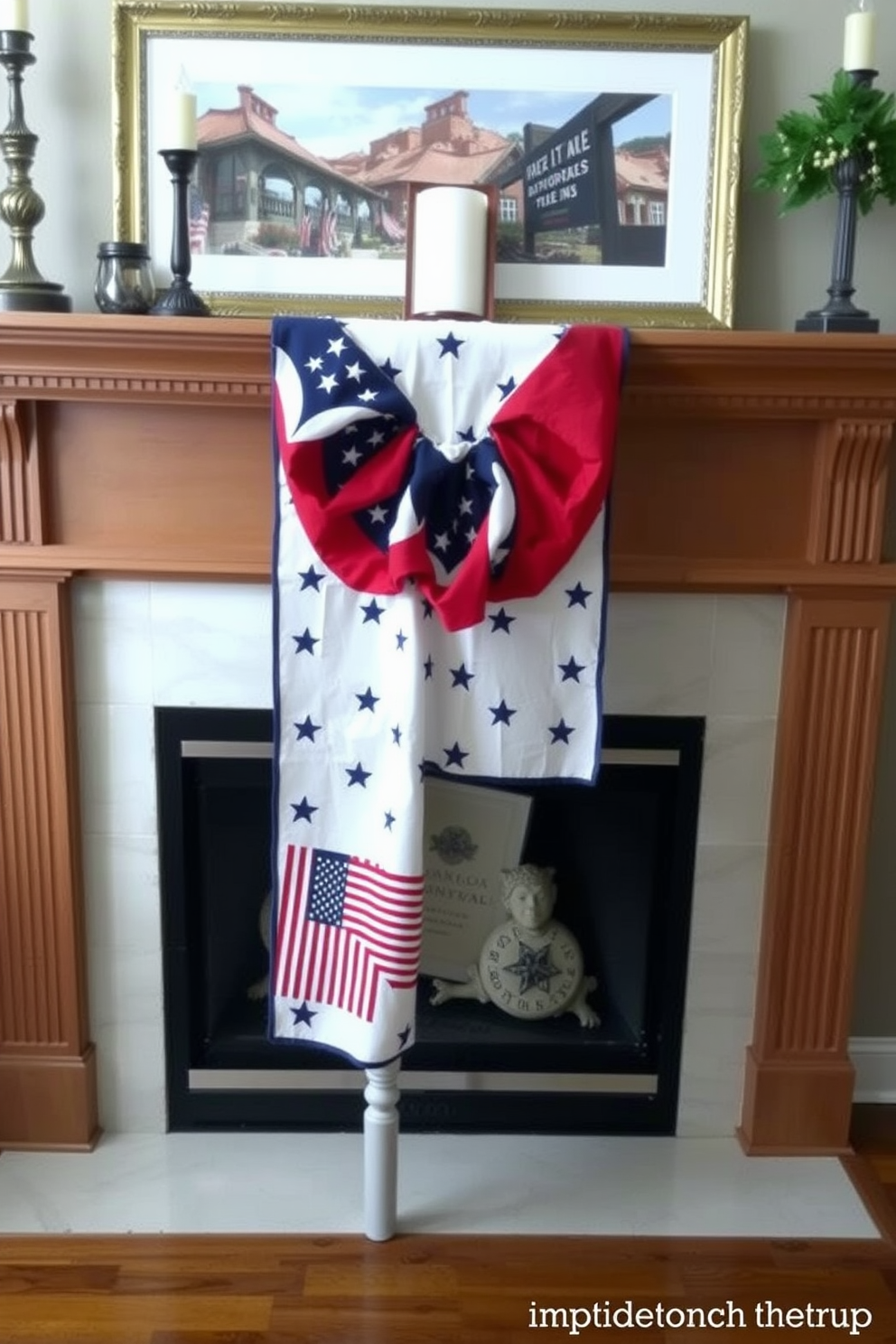 A cozy fireplace setting adorned with festive decorations for Memorial Day. The fireplace tools feature red, white, and blue handles, adding a patriotic touch to the warm ambiance.