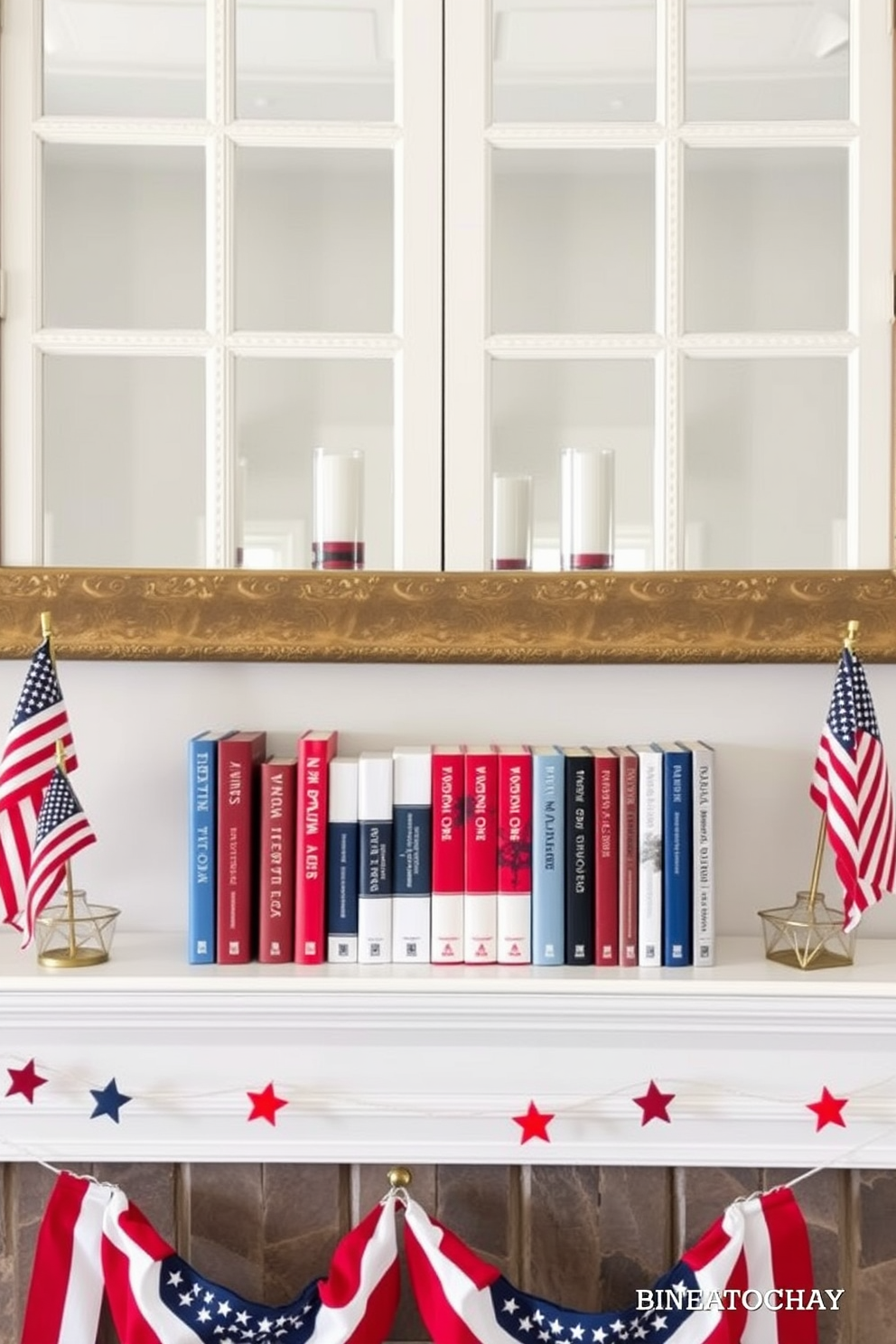 A patriotic themed book display is arranged on the mantel showcasing red white and blue covers. The fireplace is adorned with small American flags and decorative stars creating a festive atmosphere for Memorial Day.