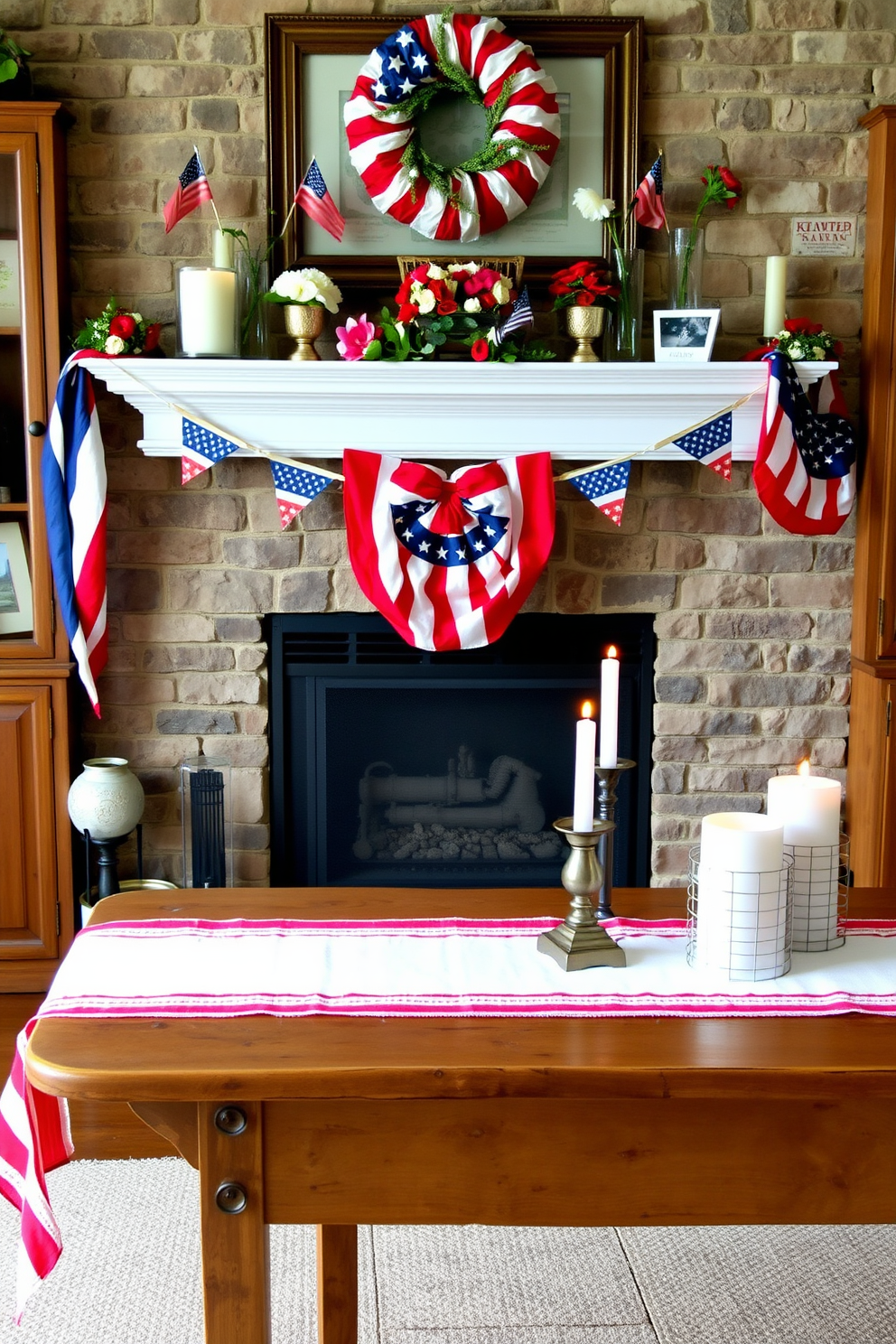 A cozy living room setting featuring a large stone fireplace adorned with burlap accents. The mantel is decorated with rustic elements such as mason jars filled with wildflowers and small American flags for a Memorial Day theme. The seating area includes a comfortable beige sofa with burlap throw pillows and a woven basket filled with blankets. The coffee table is topped with a burlap runner and a decorative tray holding candles and seasonal decor.