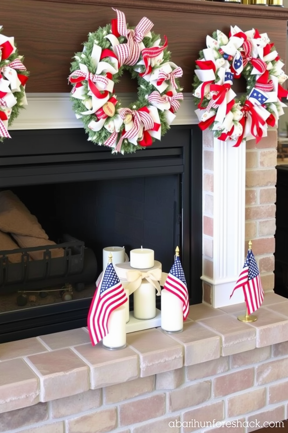 Create a cozy fireplace setting decorated for Memorial Day. Adorn the mantel with seasonal wreaths made of fabric and ribbon in red, white, and blue hues, complemented by small American flags and candles.