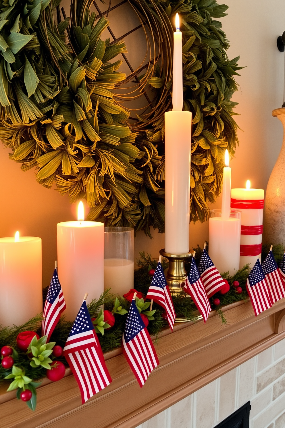 Create a cozy fireplace setting decorated for Memorial Day. Arrange patriotic themed candles in varied heights on the mantel, incorporating red white and blue elements to enhance the festive atmosphere.