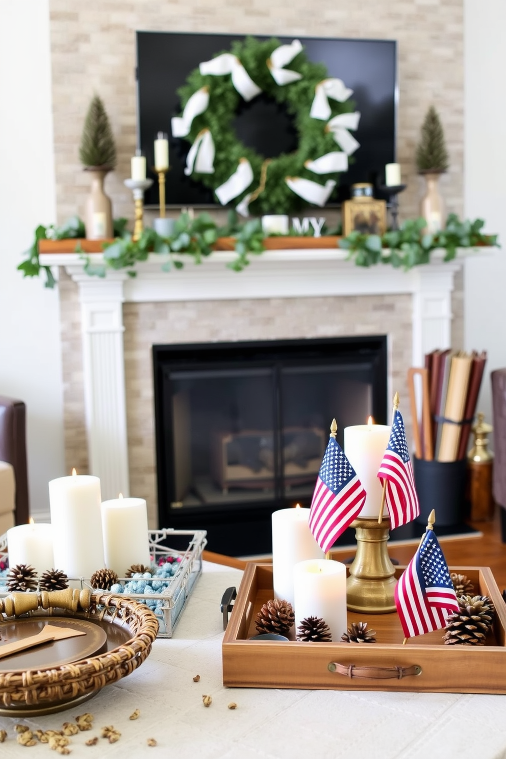 Create a cozy living room setting featuring a fireplace adorned with decorative trays filled with holiday themed items. The trays should include candles, pinecones, and small American flags to celebrate Memorial Day, enhancing the warm atmosphere of the space.