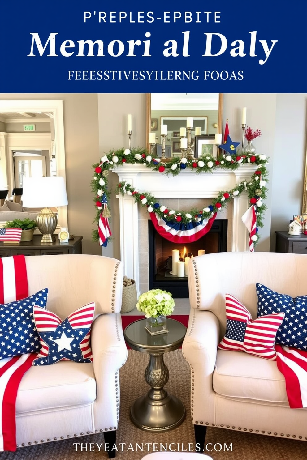 A cozy living room adorned for Memorial Day features chairs with stars and stripes throw pillows that add a festive touch. The fireplace is elegantly decorated with red white and blue garlands and a collection of patriotic candles creating a warm inviting atmosphere.