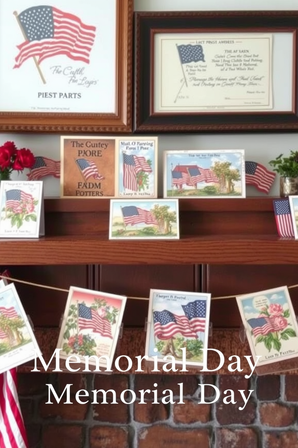 Vintage patriotic postcards displayed on a rustic wooden mantel. The postcards feature classic designs and are arranged artfully, creating a nostalgic atmosphere for Memorial Day celebrations.