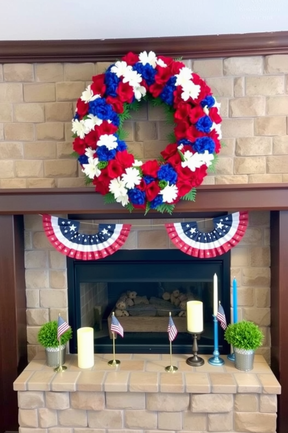 Floral arrangements featuring vibrant red white and blue blooms are artfully arranged in a rustic wooden vase. These arrangements are strategically placed on a mantel adorned with subtle patriotic decorations to celebrate Memorial Day. The fireplace is elegantly decorated with a garland of greenery interspersed with small flags and star accents. Soft candlelight flickers within glass holders, creating a warm and inviting atmosphere for the holiday gathering.