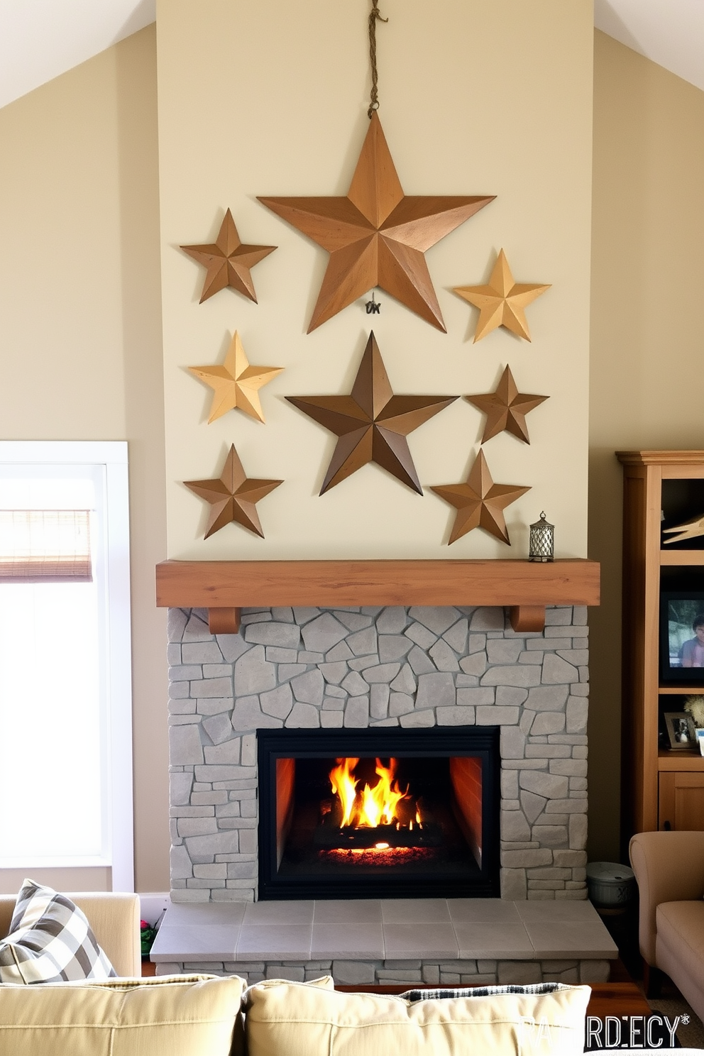 A cozy living room setting featuring a grand fireplace adorned with festive banners in red white and blue. The fireplace mantel is decorated with small American flags and a collection of patriotic-themed candles creating a warm inviting atmosphere.