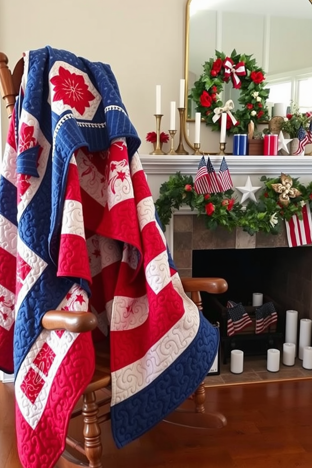 Layered quilts in red white and blue hues are draped elegantly over a rustic wooden rocking chair. The quilts feature intricate patterns that evoke a sense of nostalgia and honor the spirit of Memorial Day. A beautifully adorned fireplace showcases a collection of patriotic-themed decor, including small American flags and seasonal wreaths. The mantel is decorated with candles in matching colors, creating a warm and inviting atmosphere for the holiday.