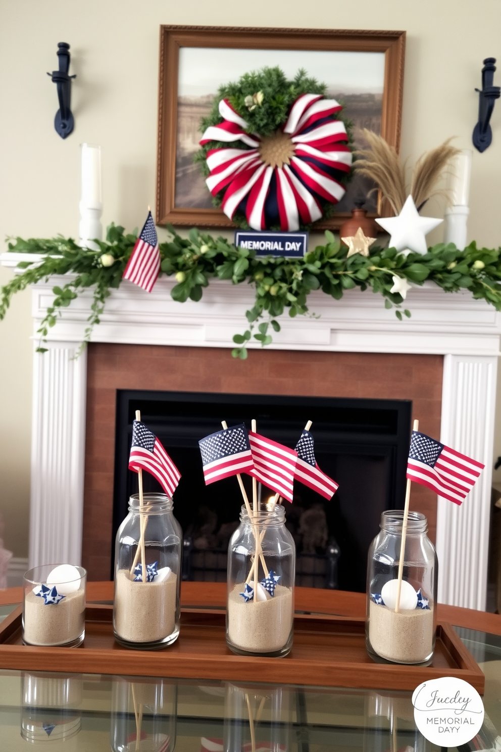 A cozy living room setting featuring a fireplace adorned with glass jars filled with sand and small flags to celebrate Memorial Day. The fireplace mantle is decorated with seasonal greenery and a few patriotic-themed accents, creating a warm and inviting atmosphere.