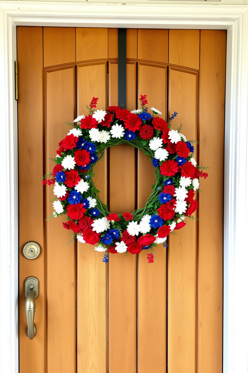 A patriotic wreath adorned with vibrant red white and blue flowers is elegantly displayed on the front door. The wreath is complemented by a rustic wooden door that adds charm and warmth to the entrance, perfect for Memorial Day celebrations.