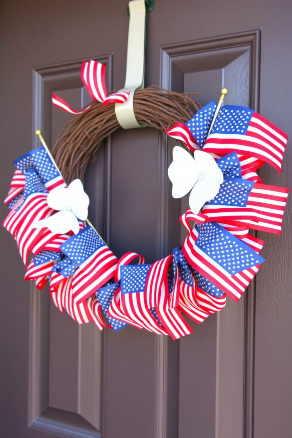 A festive garland made of red white and blue stars and stripes drapes elegantly across the front door. The garland is adorned with small decorative elements like mini flags and twinkling lights to enhance the patriotic theme.