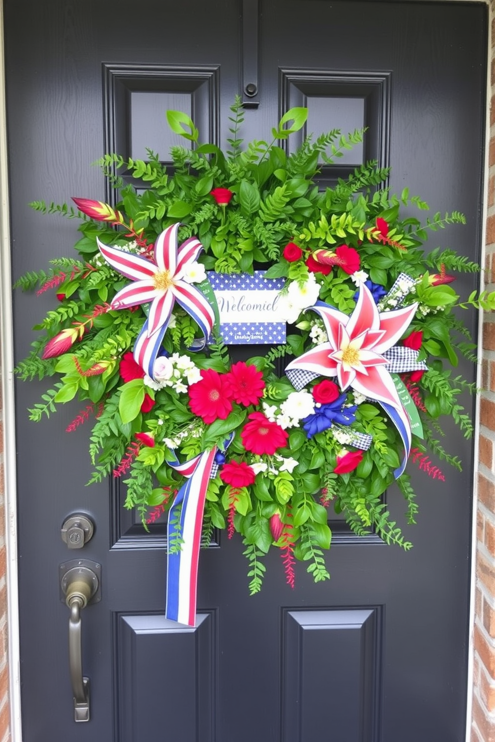 A seasonal door swag adorned with lush greenery. The arrangement features vibrant red, white, and blue accents to celebrate Memorial Day, creating a welcoming entrance.