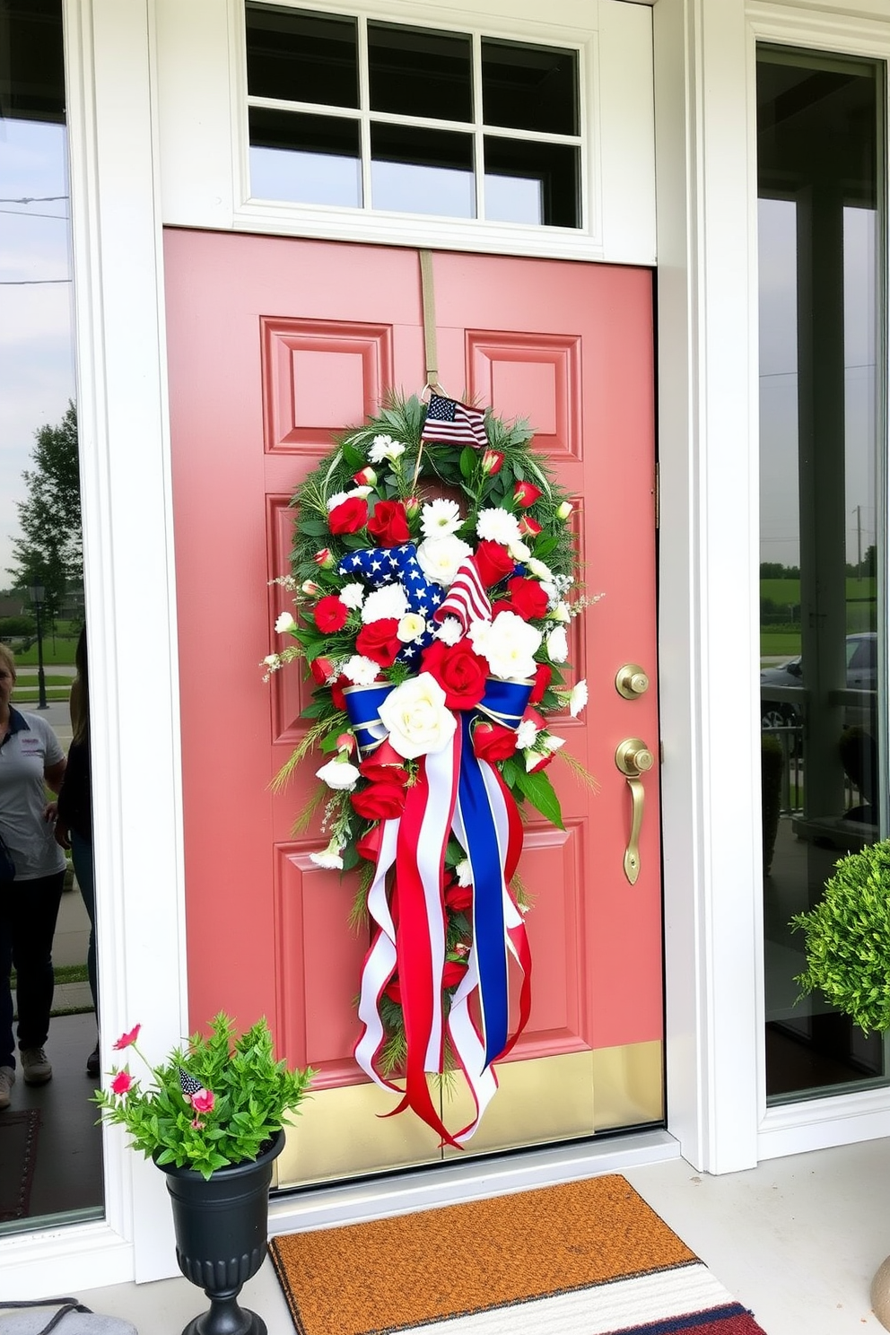 A charming front door decorated for Memorial Day features a collection of red white and blue painted wooden stars arranged in a playful pattern. The stars are mounted on a rustic wooden backdrop, creating a festive and patriotic welcome for guests.